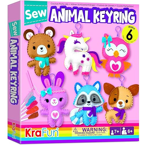 KRAFUN Unicorn Sewing Keyring Kit for Kids Age 7 8 9 10 11 12 Learn Art & Craft, Includes 6 Stuffed Animal Bear, Dog, Rabbit, Raccoon, Owl Dolls, Instruction & Felt Materials - Sewing Keyrings