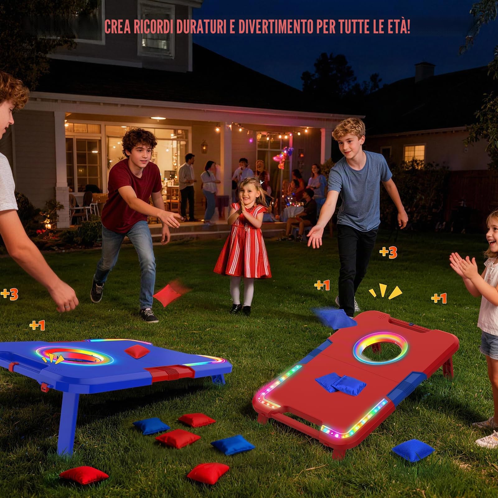 VATOS Set da Cornhole Portatile con Luci LED ed Effetti Sonori, Punteggiatore, Pieghevole – 2 Tavole e 8 Sacchetti per Giardino, Campeggio, Feste nel Posto Auto, Gioco all’Aperto per Bambini e Adulti | 2 tavole pieghevoli e 8 pouf per cortile, campeggio,