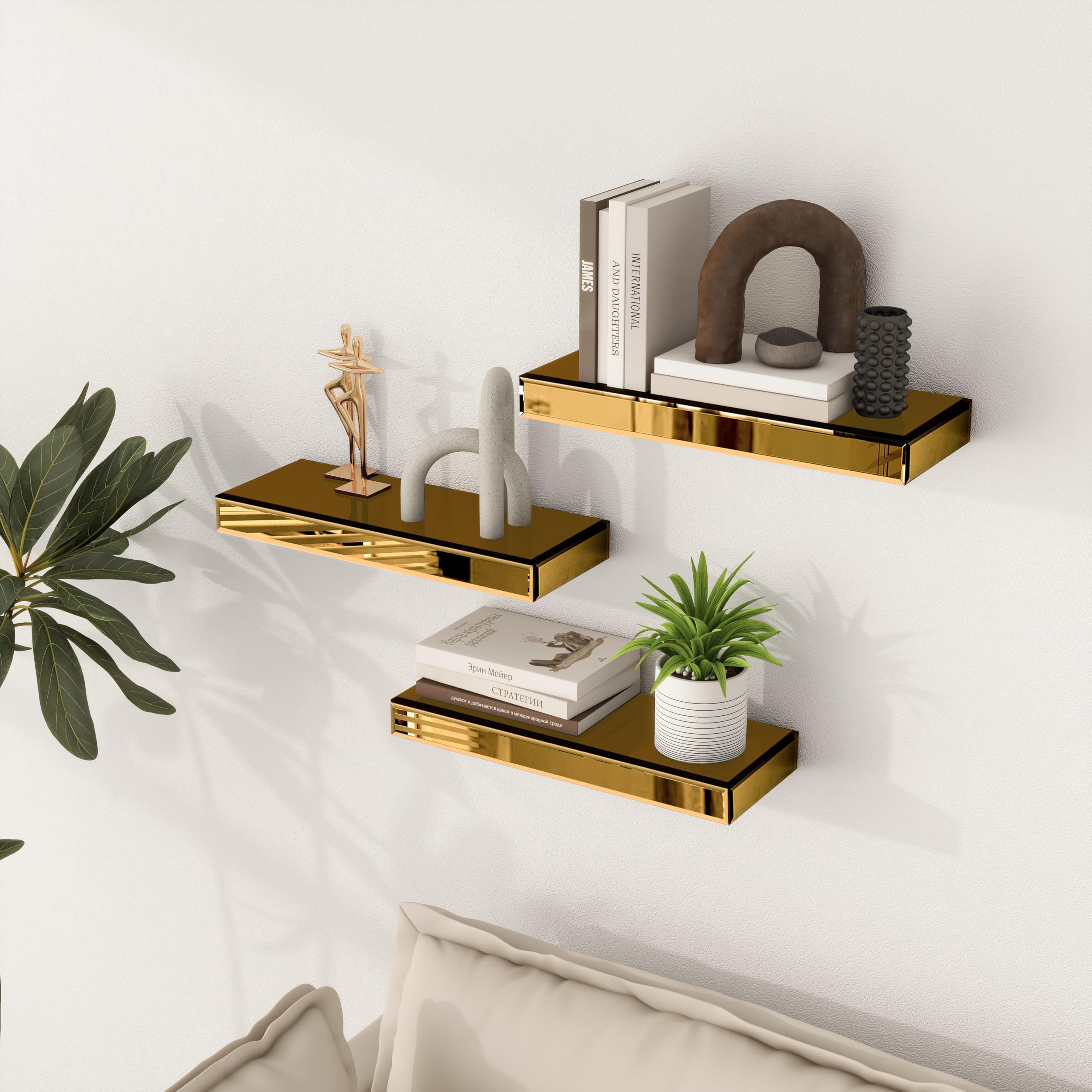 SHYFOY Schweberegale aus Glas für die Wand, 3er-Set, Messing