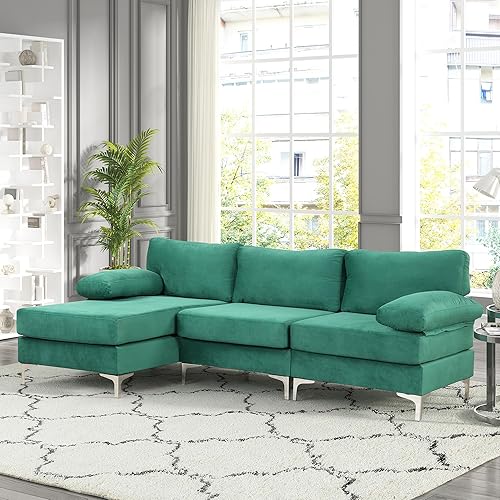 Miniatura 31 de Sofá modular moderno en forma de L, con diván extra ancho y patas doradas Gris,Negro -,Verde,Naranja,Gris oscuro,marino,Púrpura