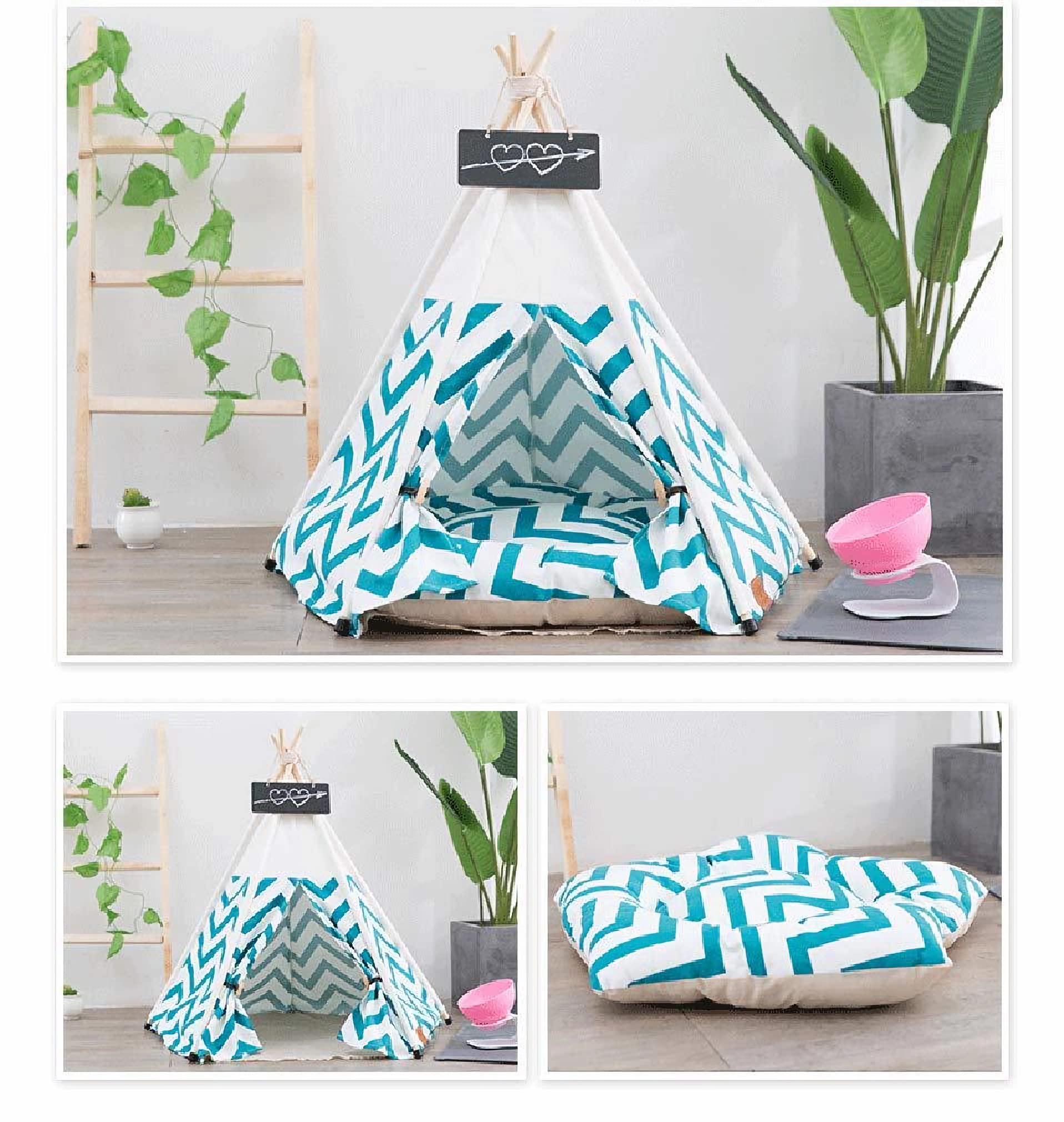 SEOUGEE Mascotas Tipi tienda de campaña para perros y gatos lavable y extraíble lona de algodón cama perro y gato casa con cojín interior y exterior mascota perrera y casa de juegos portátil y