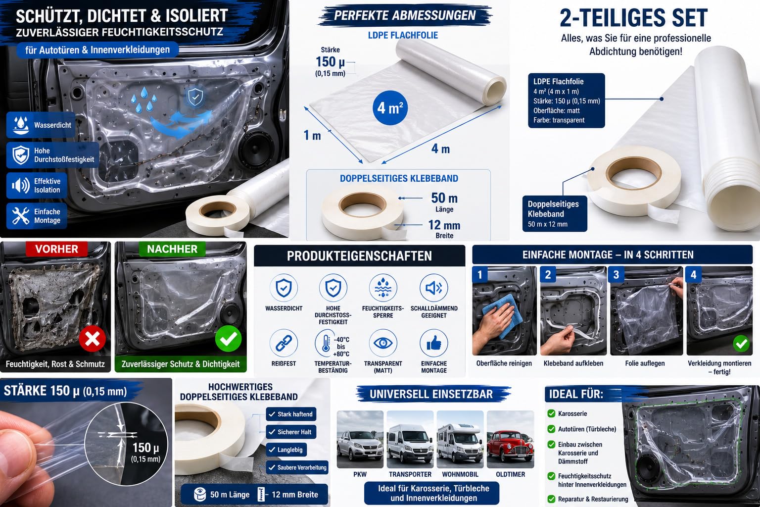 4m² KFZ Folie Auto Tür Sperrfolie Abdichtfolie Isolation Inkl. + 50m Klebeband Dampfsperre Autotür Türverkleidung pkw