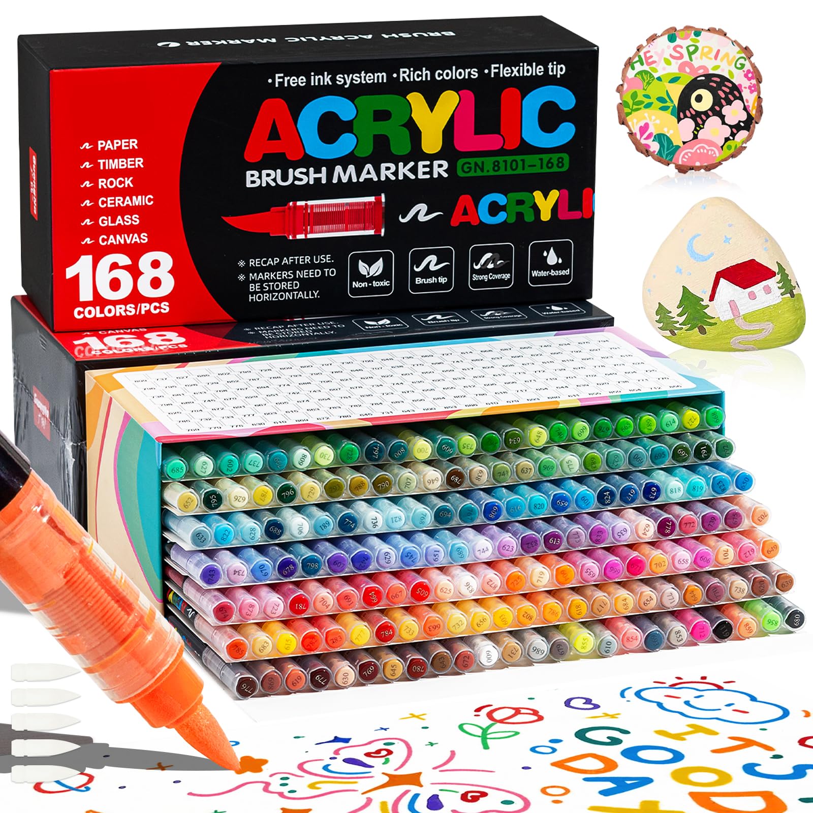 168 Farben Acrylstifte für Steine Wasserfest, 1-5mm Pinsel Acrylmarker, Acrylic Marker Set für Holz, Leinwand, Stein, Keramik, Glas, Stoff, Acrylstifte Paint Marker für Ostern und Weihnachten