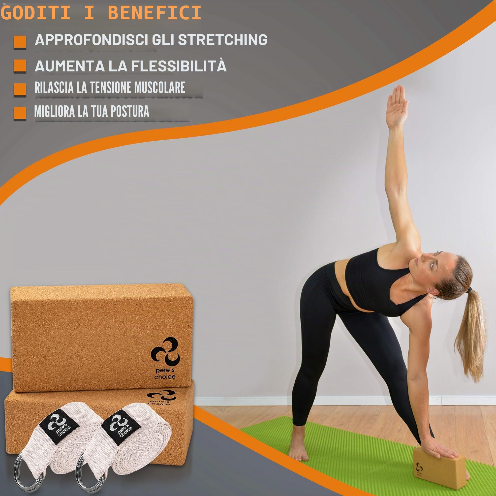 2 Blocchi da Yoga in Sughero & 2 Cinghie – Mattoncini Yoga Naturale per Pilates. Eco Friendly, Stabili e Solidi. 2 set Blocchi in Sughero & 2 Cinghie I Esercizi a casa