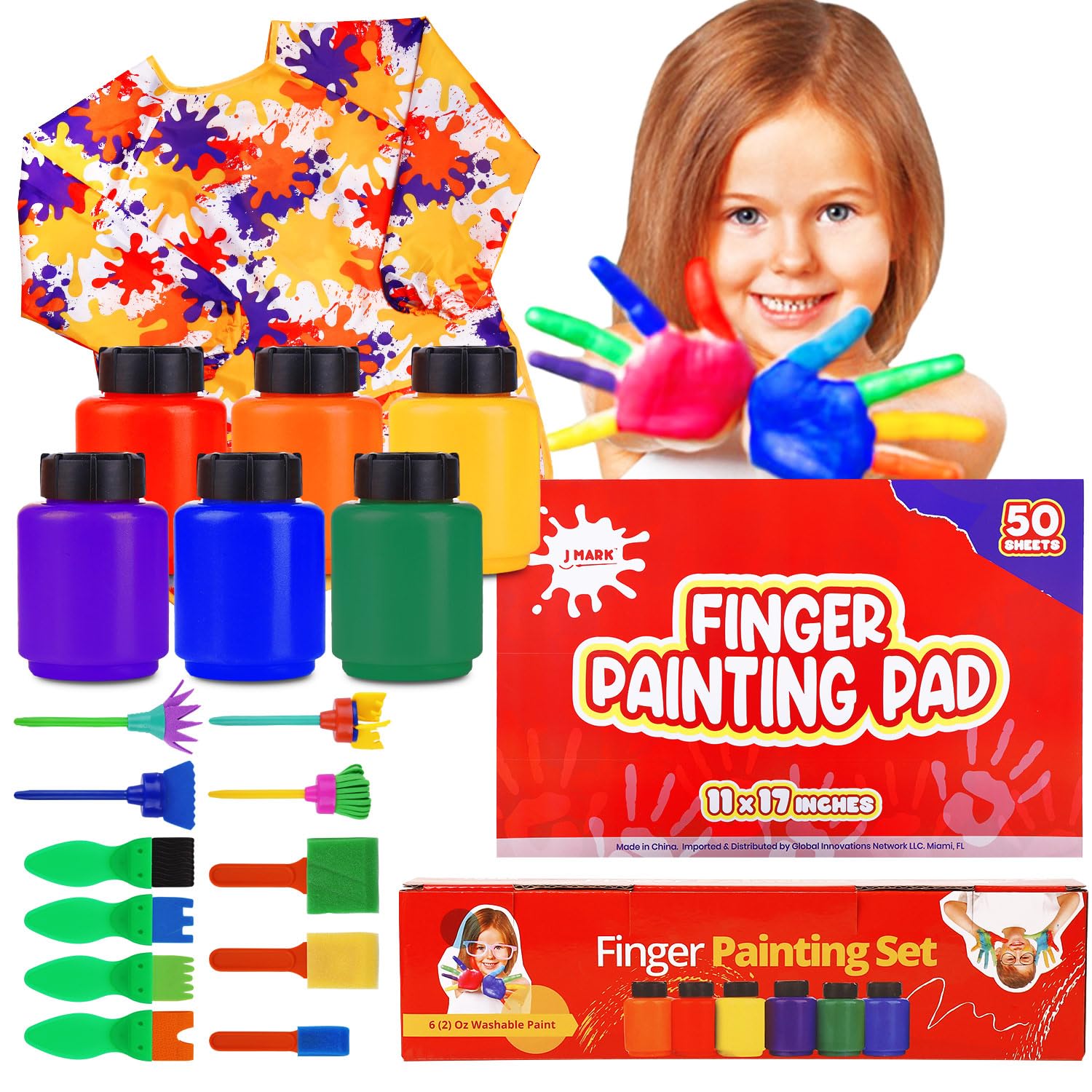 J MARK Complete Toddler Washable Finger Paint Set, Sponge Painting Tools, Large Finger Paint Pad, Tempera Finger Paints, Smock and More