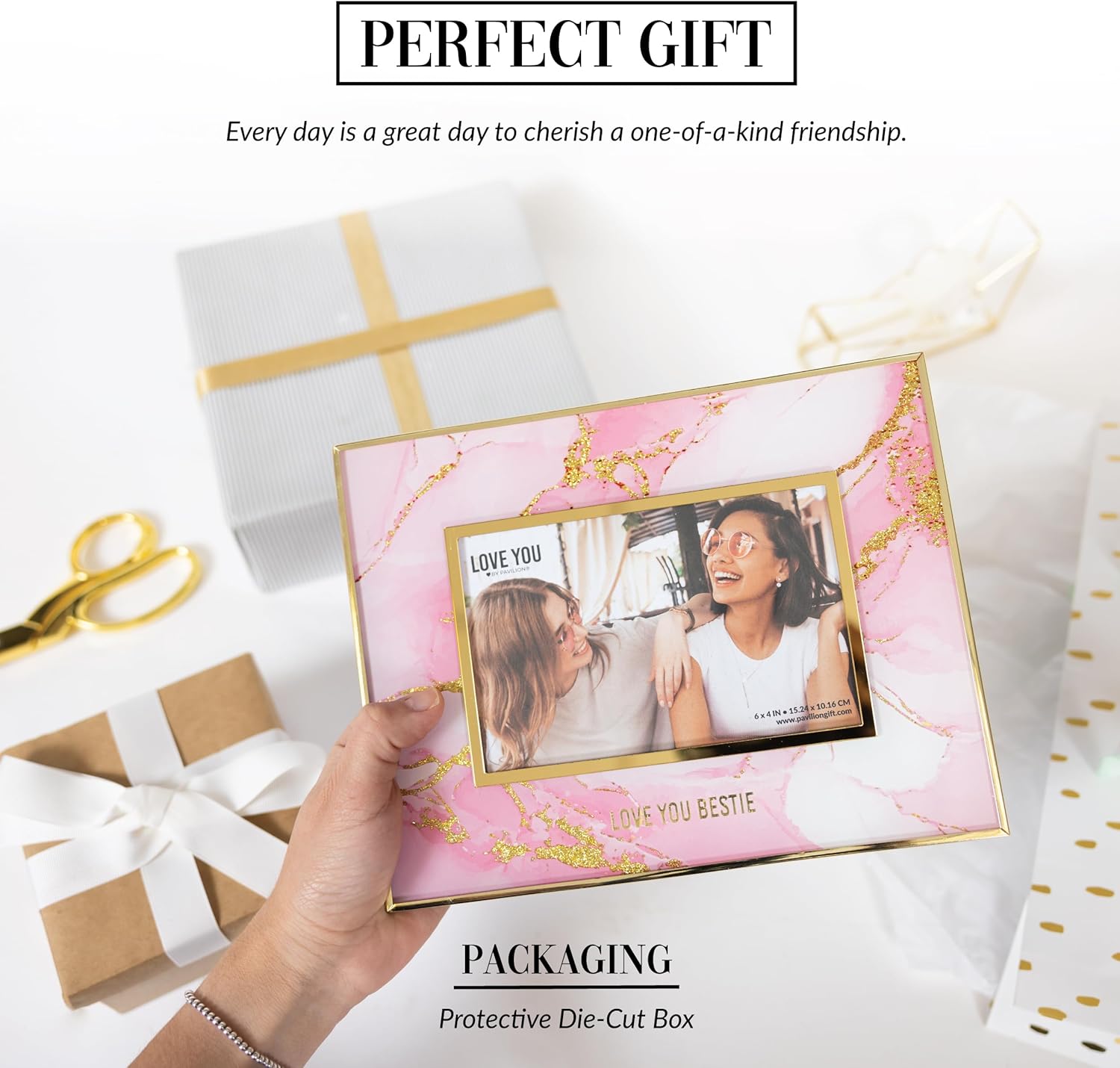 Pavilion Gift Company - Love You Bestie - 4" x 6" Horizontal Landscape Pink Gold Marble Picture Photo Holder Memory Frame Best Friend BFF Friendship Gift Present