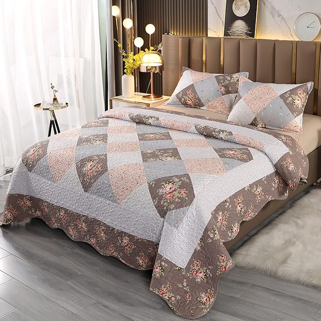Patchwork Quilted Bedspread Coverlet Set Double Size Quilt Set 3-Piece 220 x 240 cm Brown Reversible Floral Comforter Stitched Bedding Set Bed Cover Throw Blanket with 2 Pillow Shams