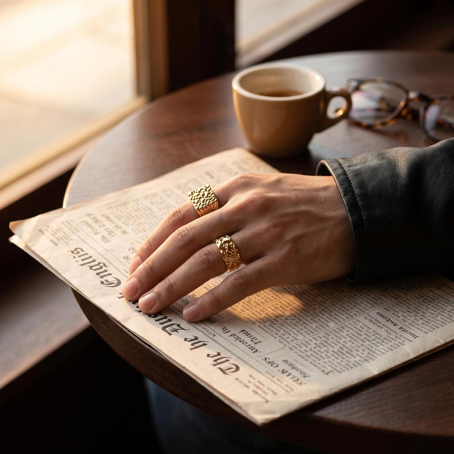3-Piece Gold Rings for Men Chunky Hammered Texture Band