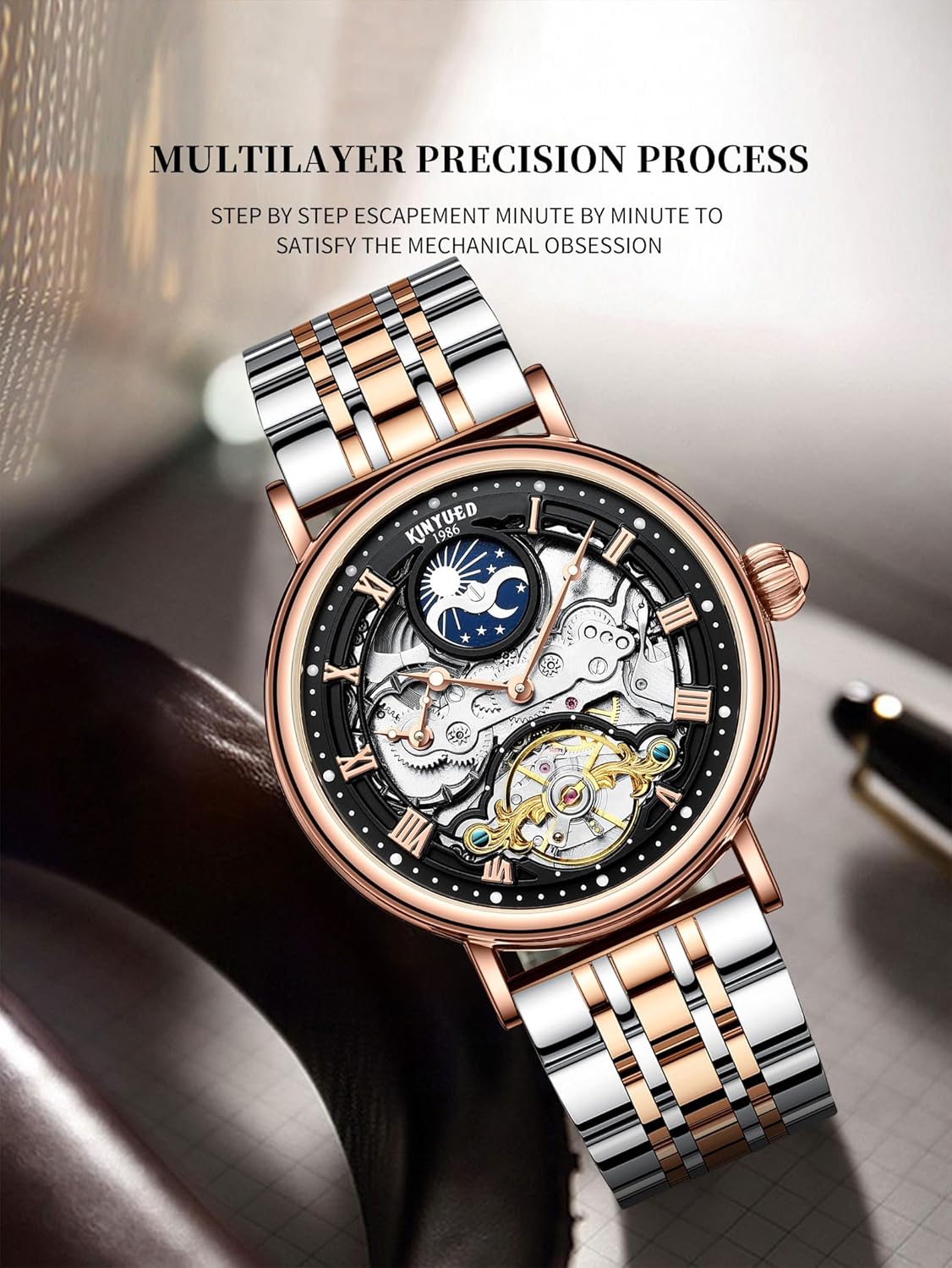 Diamond Skeleton Automatic Mechanical Watch Stainless Steel Mesh Band Luminous Hand Men Watches Sport Business Wristwatch