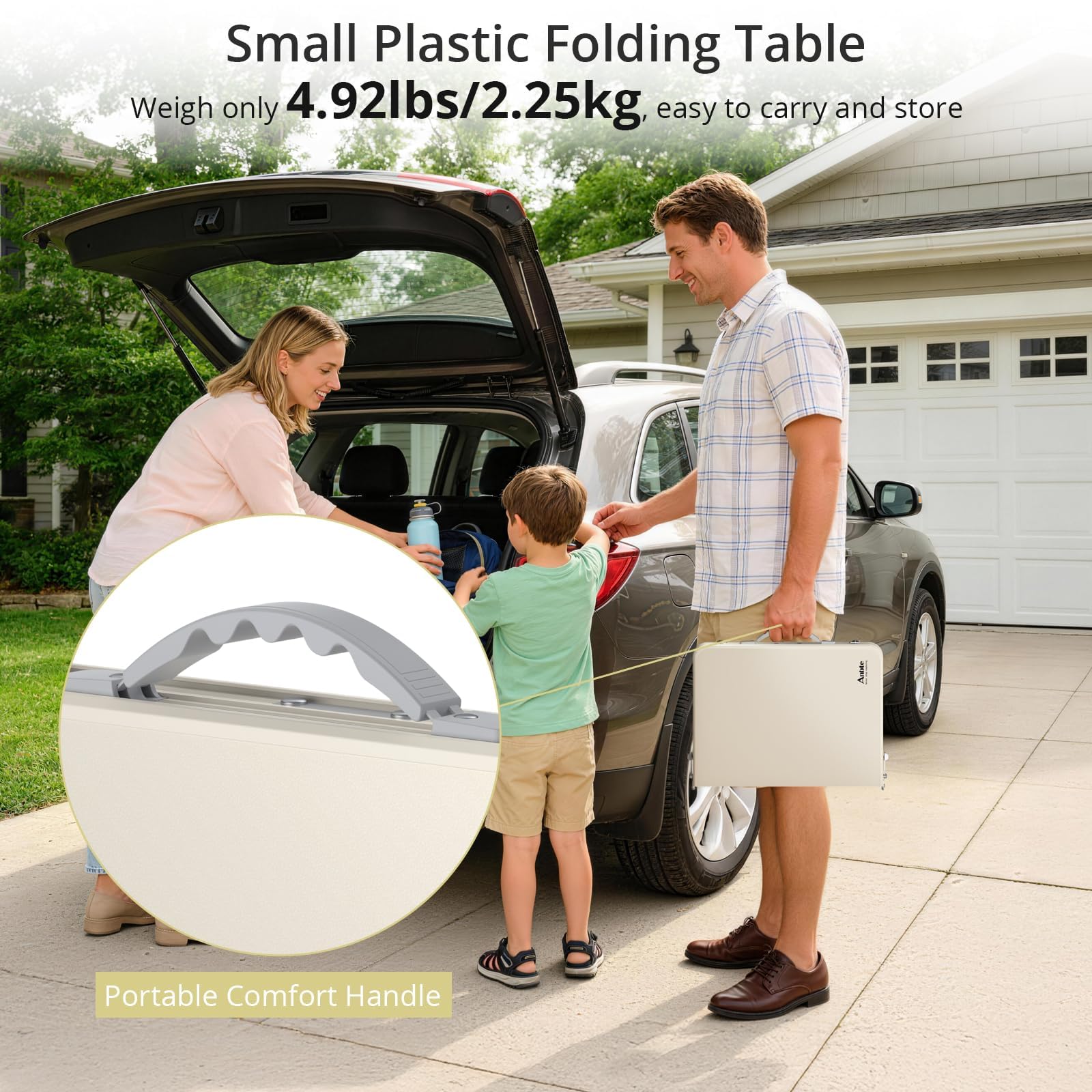 Anbte Table Pliante 58x40x26/48/70cm, 3 Hauteurs Réglables, Argent et Beige | Plateau en Plastique Étanche, Cadre en Aluminium, Facile à Nettoyer, Table légère pour Camping, Jardin, Terrasse, Intérieur