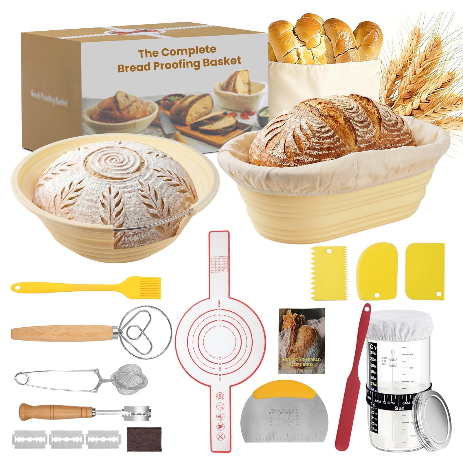 GEEKHOM Juego de inicio de masa fermentada con 2 cestas de levadura de silicona (plegables, aptas para lavavajillas, molde), 16 piezas, juego de inicio con cesta de levadura, alrededor de 23 cm y