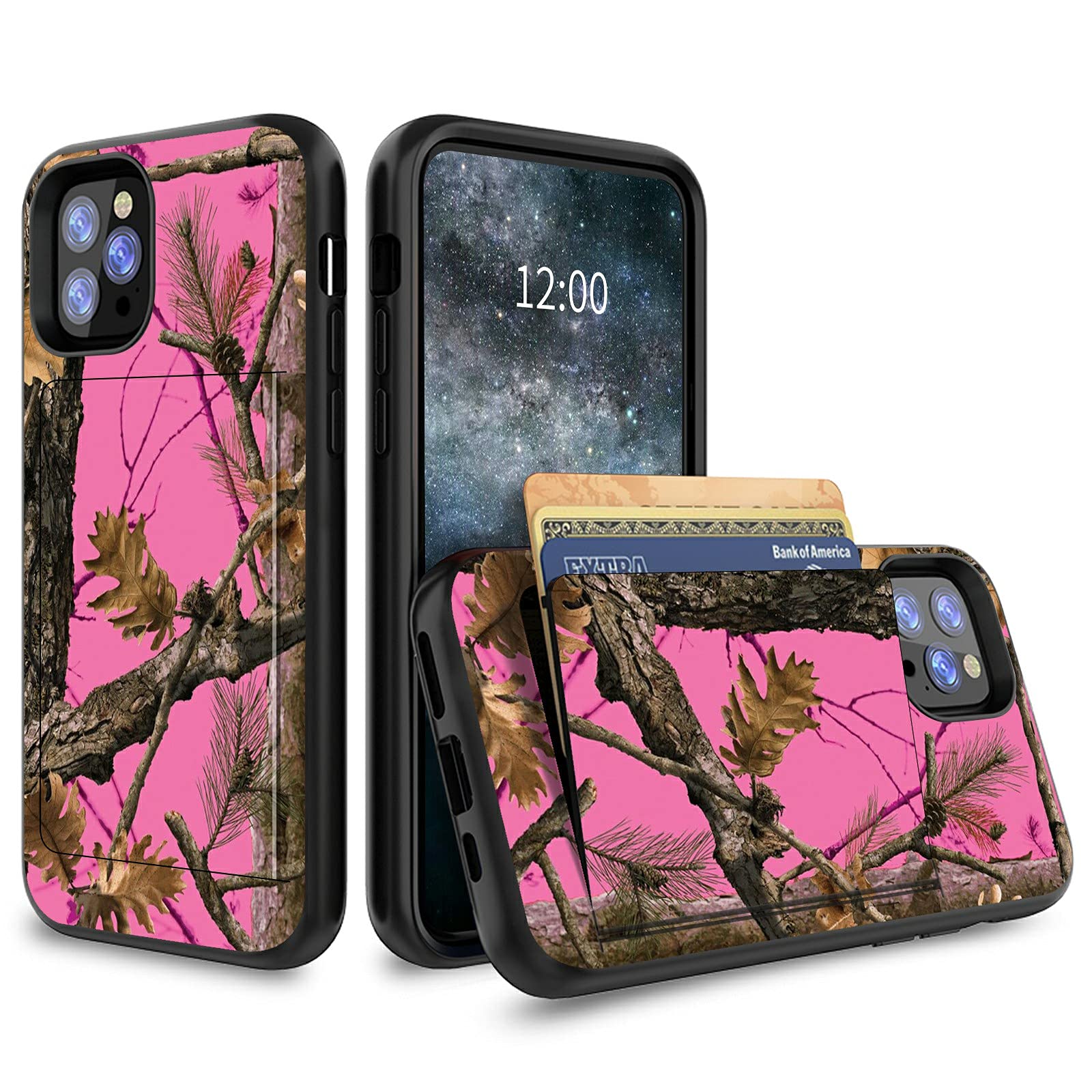 for iPhone 12 Pro Max Phone Case - Wallet Case with Card Holder Dual Layer Hybrid Shockproof Hidden IDs Credit Card Slot Holder Flip Wallet Case for Apple iPhone 12 Pro Max(6.7"),Pink Camo Tree