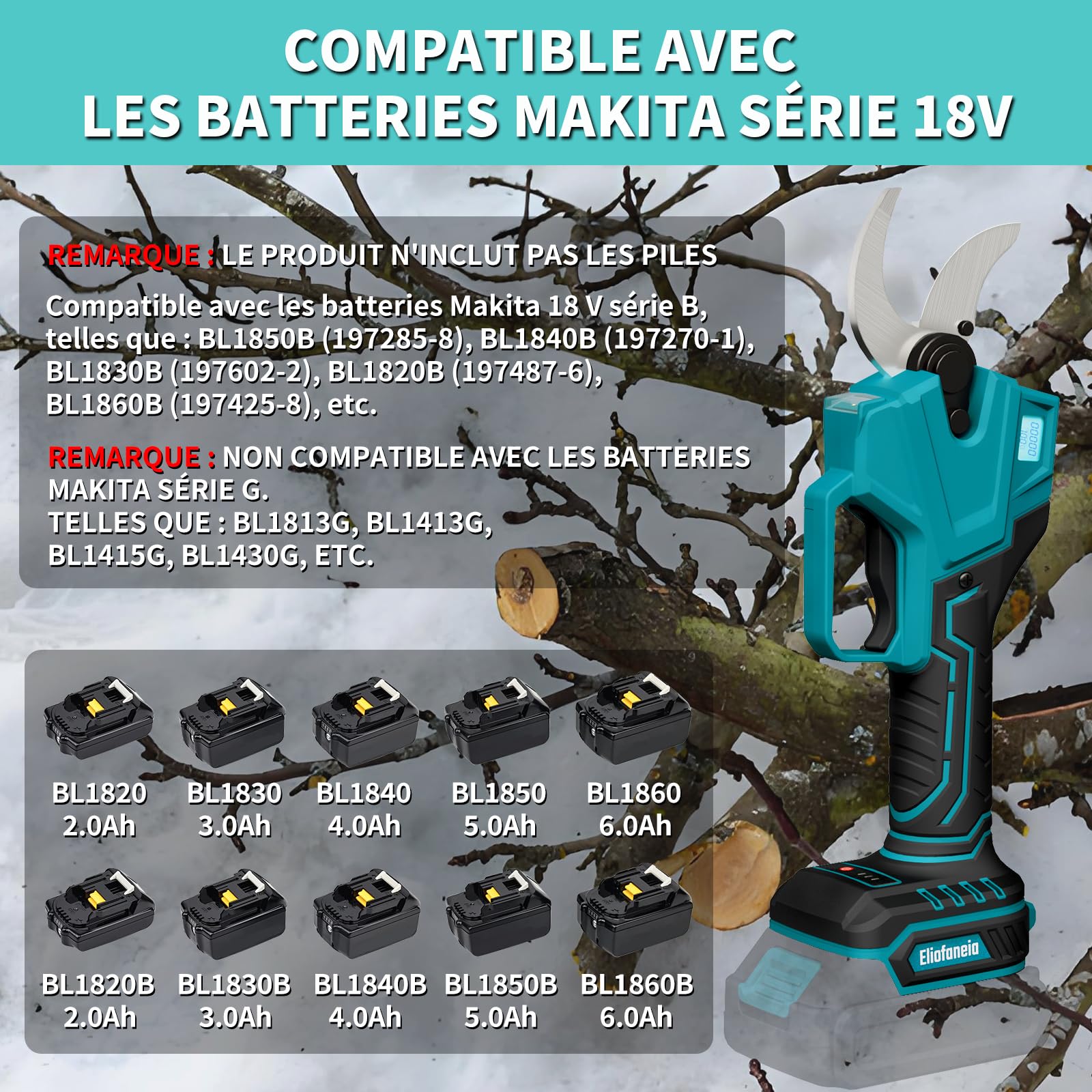 Sécateur électrique sans fil, diamètre de coupe max 40 mm, compatible pour batterie Makita 18 V,Affichage LCD,Moteur brushless, éclairage (sans batterie ni chargeur) pour le jardin