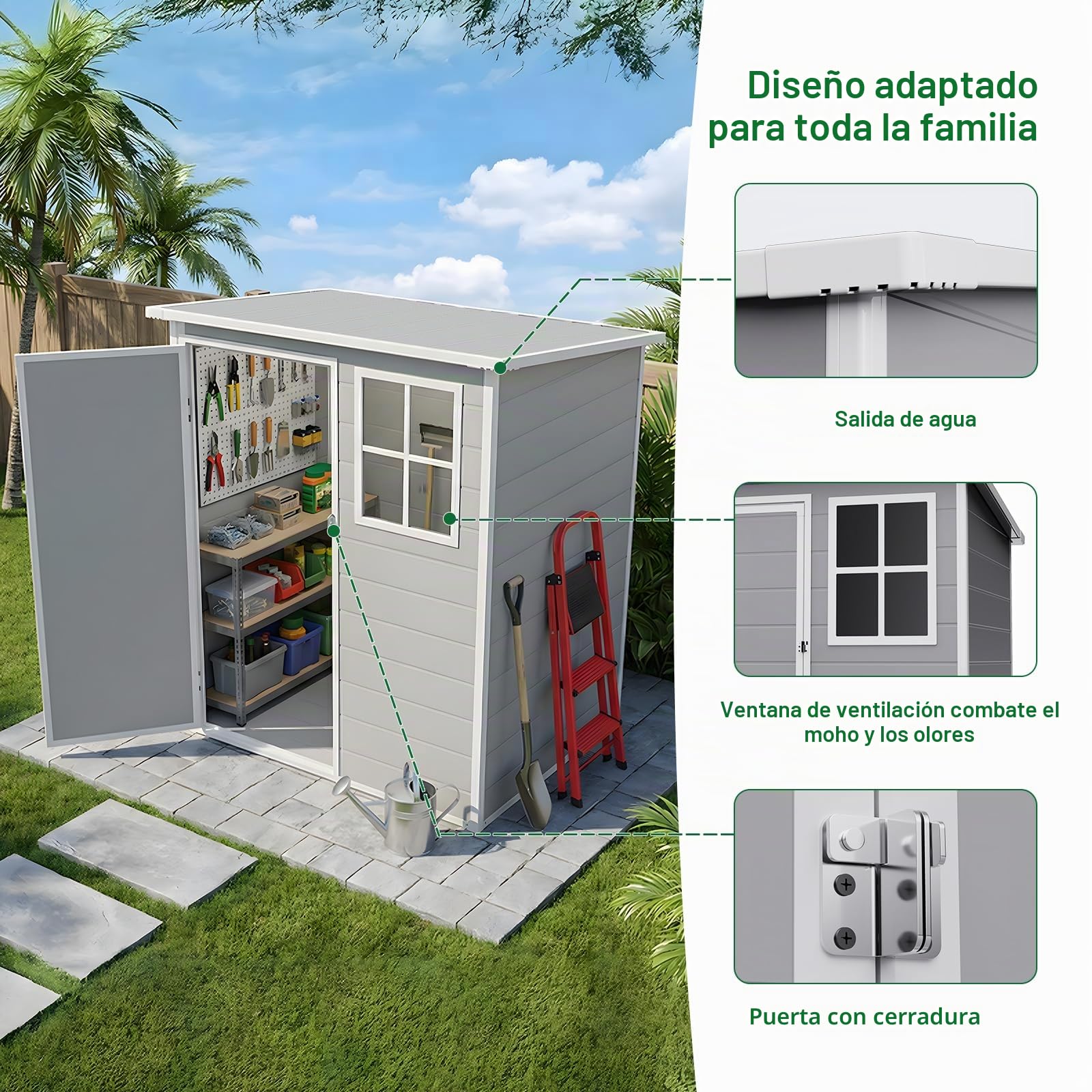 Caseta de plástico 138 × 110,5 × 182 cm, cobertizo con ventanas, techo inclinado y puerta segura, para guardar herramientas de jardín. Incluye placa de suelo, ideal para jardín, terraza