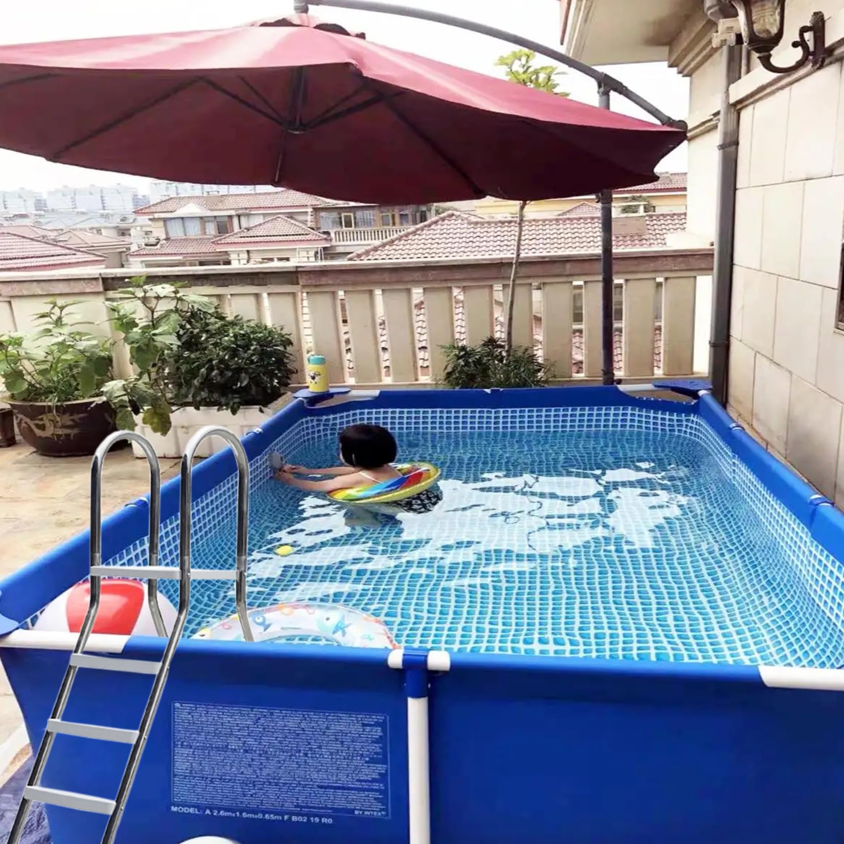 BOTOWI 110 cm Poolleiter Mit Plattformdeck Hochleistungsrahmen Aus Edelstahl 304 Im Freien Oberirdische Poolleiter, Sichere, rutschfeste 3 Stufen, Kapazität 550 Lbs