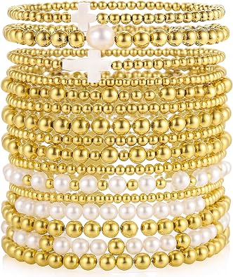 Gold Plated Bead & Pearl Bracelets for Women, 16PC Stackable Stretch Set | Elastic cord fits 6-7cm wrists; hypoallergenic, lead & nickel free; gift for Mom, Wife, Daughter, Birthday, Anniversary