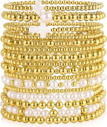 Gold Plated Bead & Pearl Bracelets for Women, 16PC Stackable Stretch Set
