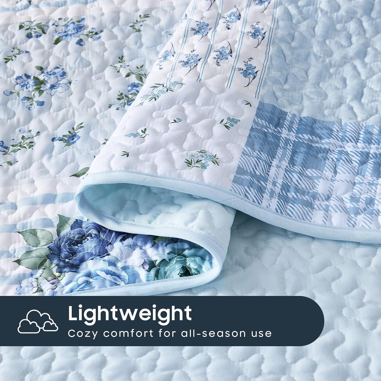 Wake In Cloud - Floral Quilt Set, Patchwork Design with Flower Plaid Pattern for Country Farmhouse Cottagecore, Reversible Lightweight Bedspread Coverlet, 3 Pieces, Blue, Queen/Full Size