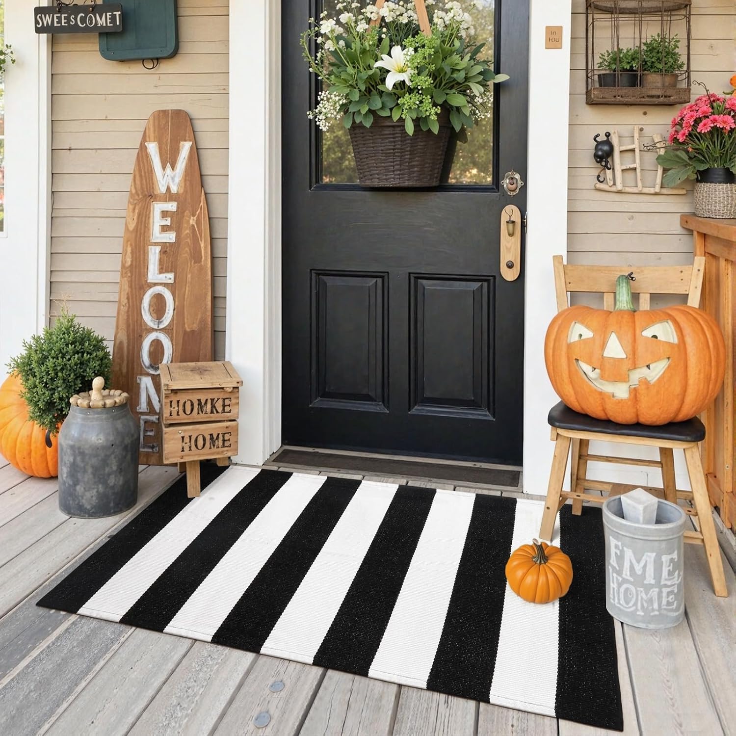 KIMODE Front Door Mat Outdoor Black and White Fall Porch Rug Entry Doormats thumbnail