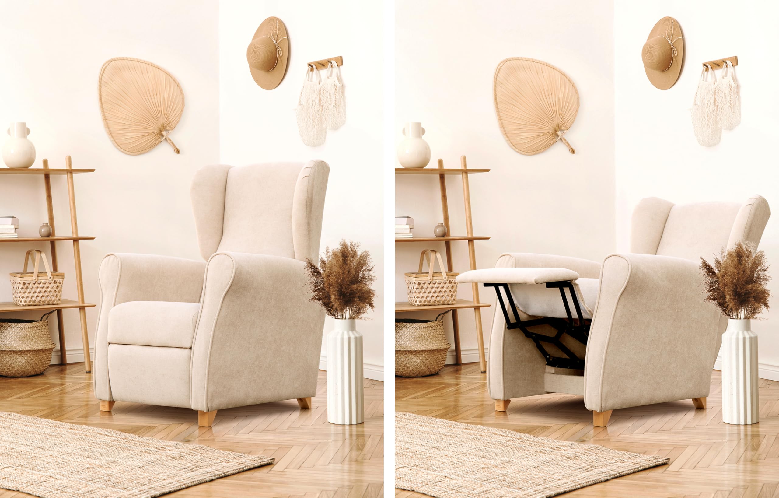 SUENOSZZZ-ESPECIALISTAS DEL DESCANSO Sillón Relax orejero Irene reclinable con Patas de Madera, Relax nórdico tapizado en Tela Antimanchas Beige