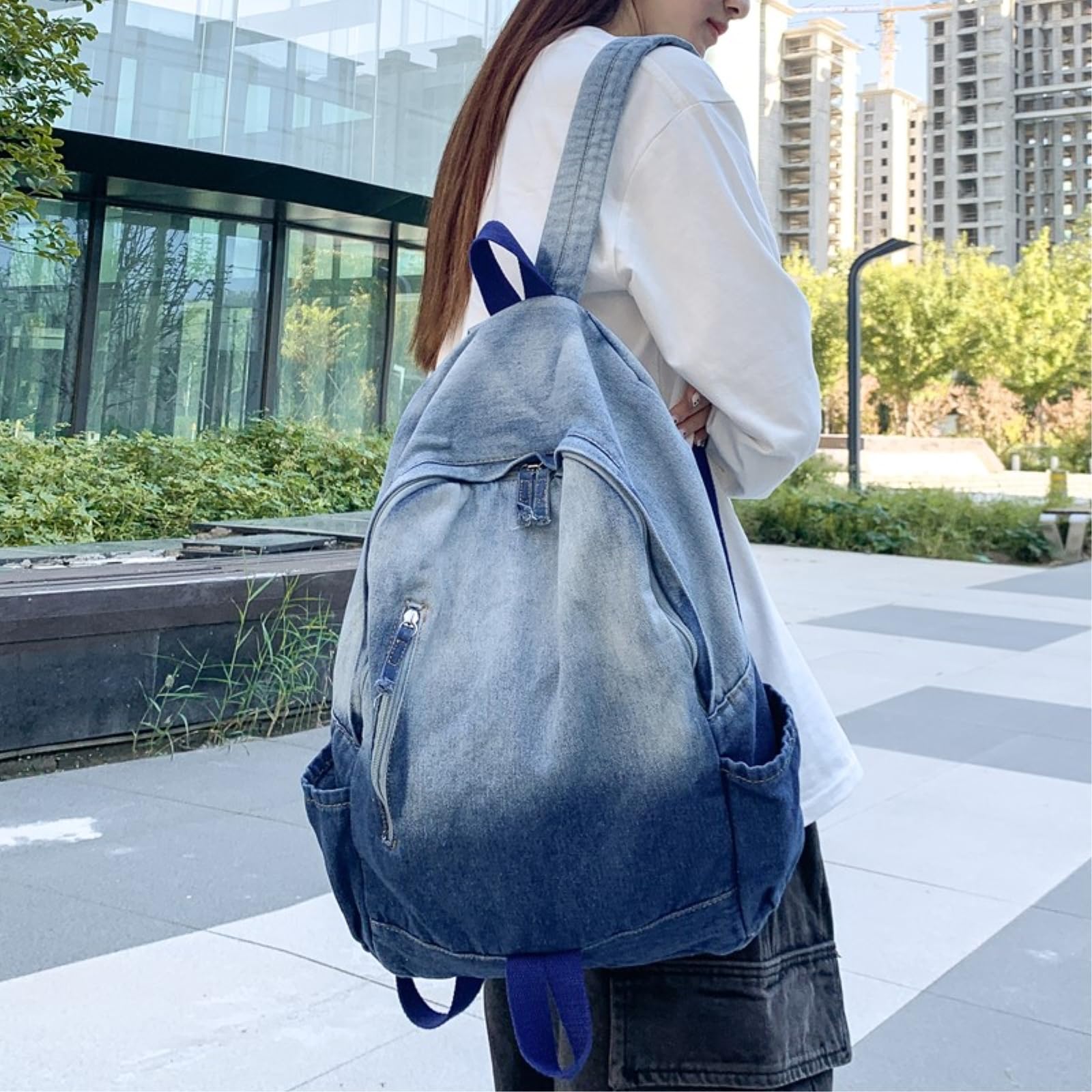 Zaino da Viaggio Gradiente Lavato Denim Spezzato Cerniera Tirare Laterale Bottiglia d'Acqua Tasca Sacco Giorno Vintage per Il Giornaliero del Campus-Blue