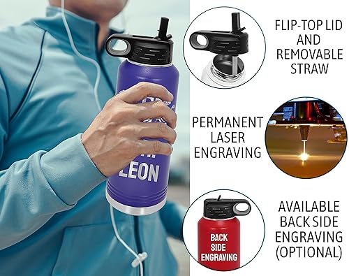 Miniatura 61 de Botellas de agua personalizadas con tapa abatible y pajilla, termo deportivo personalizado de acero inoxidable grabado, monograma personalizado