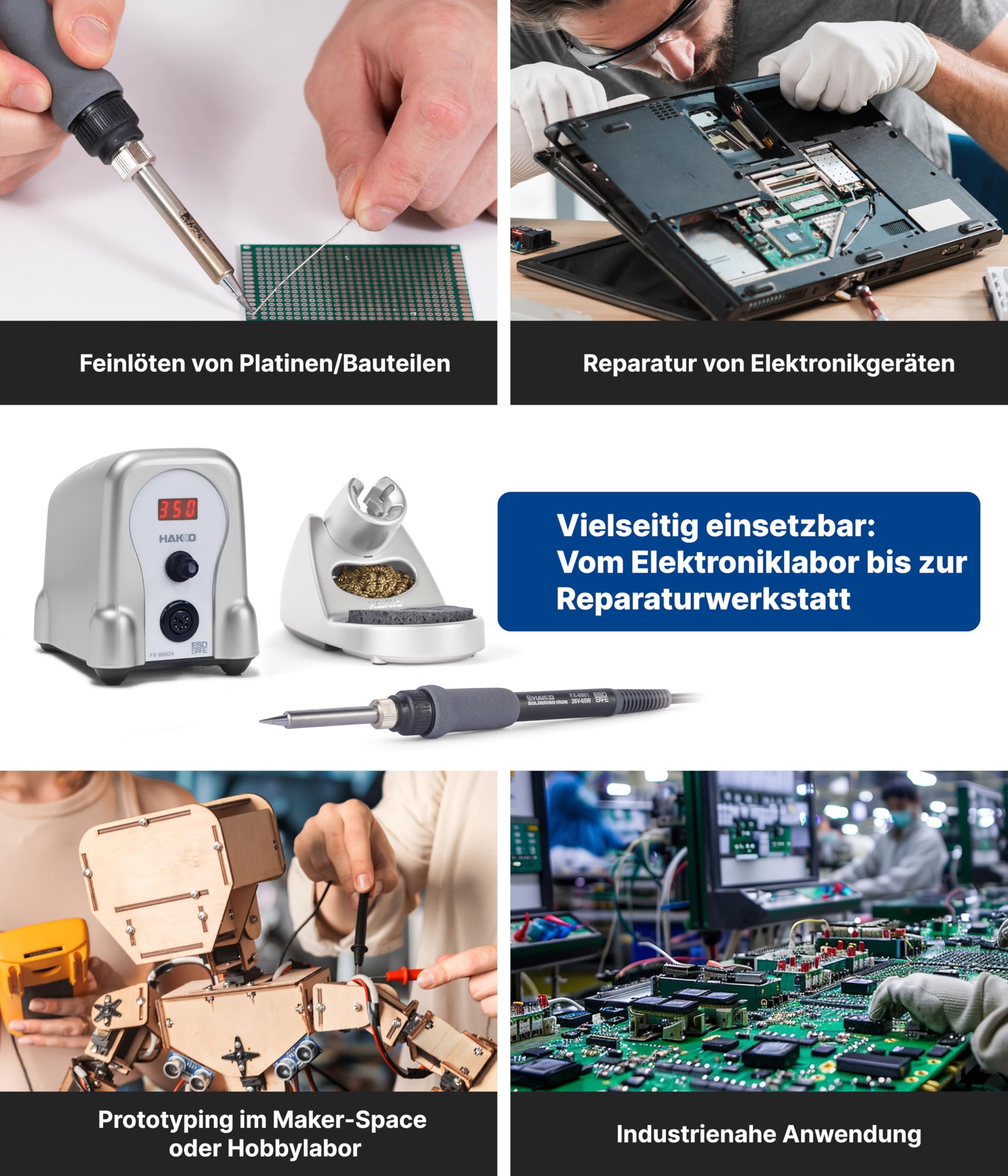 HAKKO® Lötstation FX-888DX Silber (100 W) – Digitale Lötstation mit hervorragendem Wärmeübertrag, kompakt für kleine Arbeitsplätze, ideal für präzises & professionelles Löten – inkl. Werkzeughalter