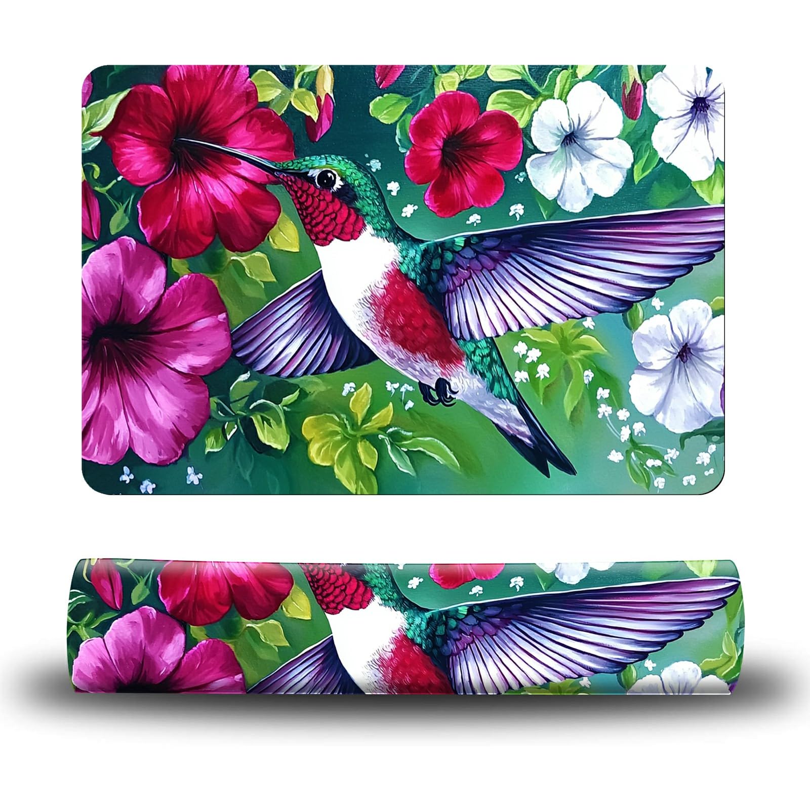 Dikoer Dog Food Mat, 15.7" x 23.6" Absorbent Pet Feeding Mat for Food and Water, Waterproof Diatom Mud Pet Placemat with Non-Slip Rubber Backing, Cat Bowl Mat for Floors - Petunia Hummingbird