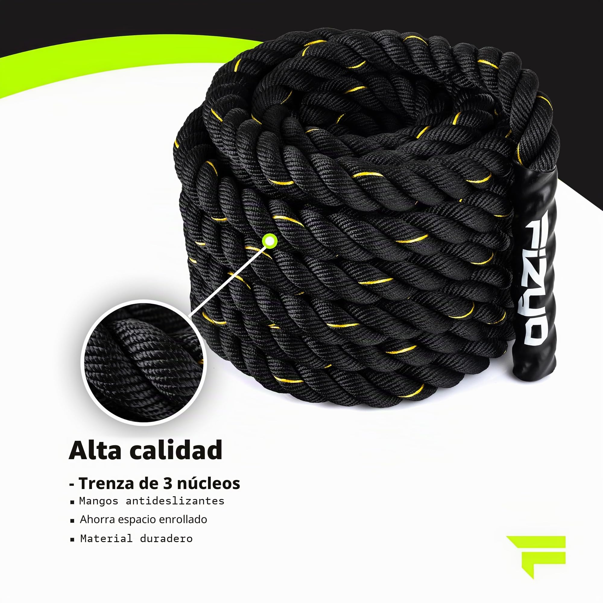 FIZYO Battle Rope – Cuerda de Entrenamiento Robusta para Functional Training, Cross Training, Fuerza y Resistencia – Diámetro 3,8 cm, Construcción de 3 Hebras – Home Gym y Exterior (9m)