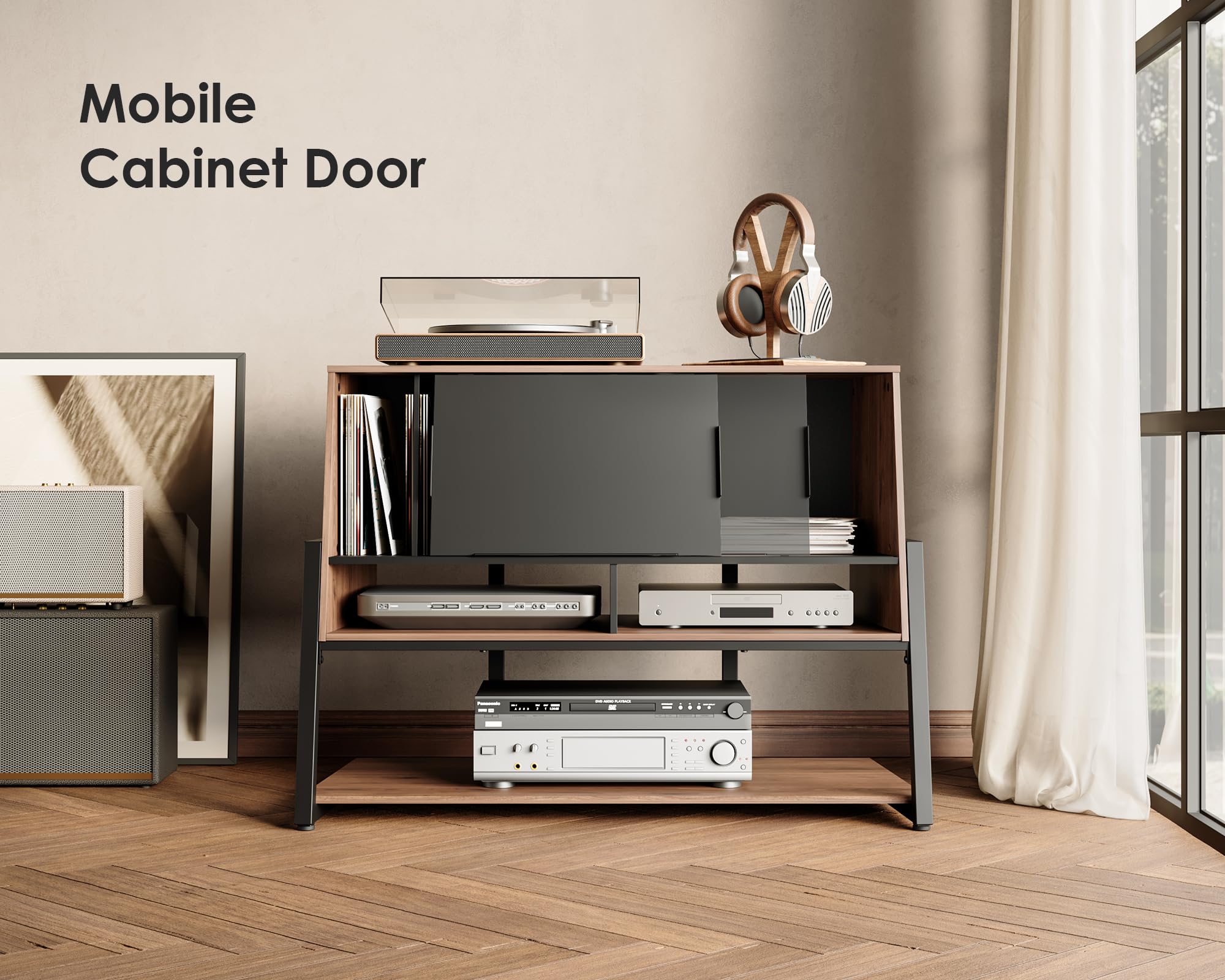 FITUEYES Grand Meuble Vinyle avec Porte Meuble HIFI Stockage jusqu'à 120 Disques Vinyles Capacité de Charge 50 kg Série Eiffel