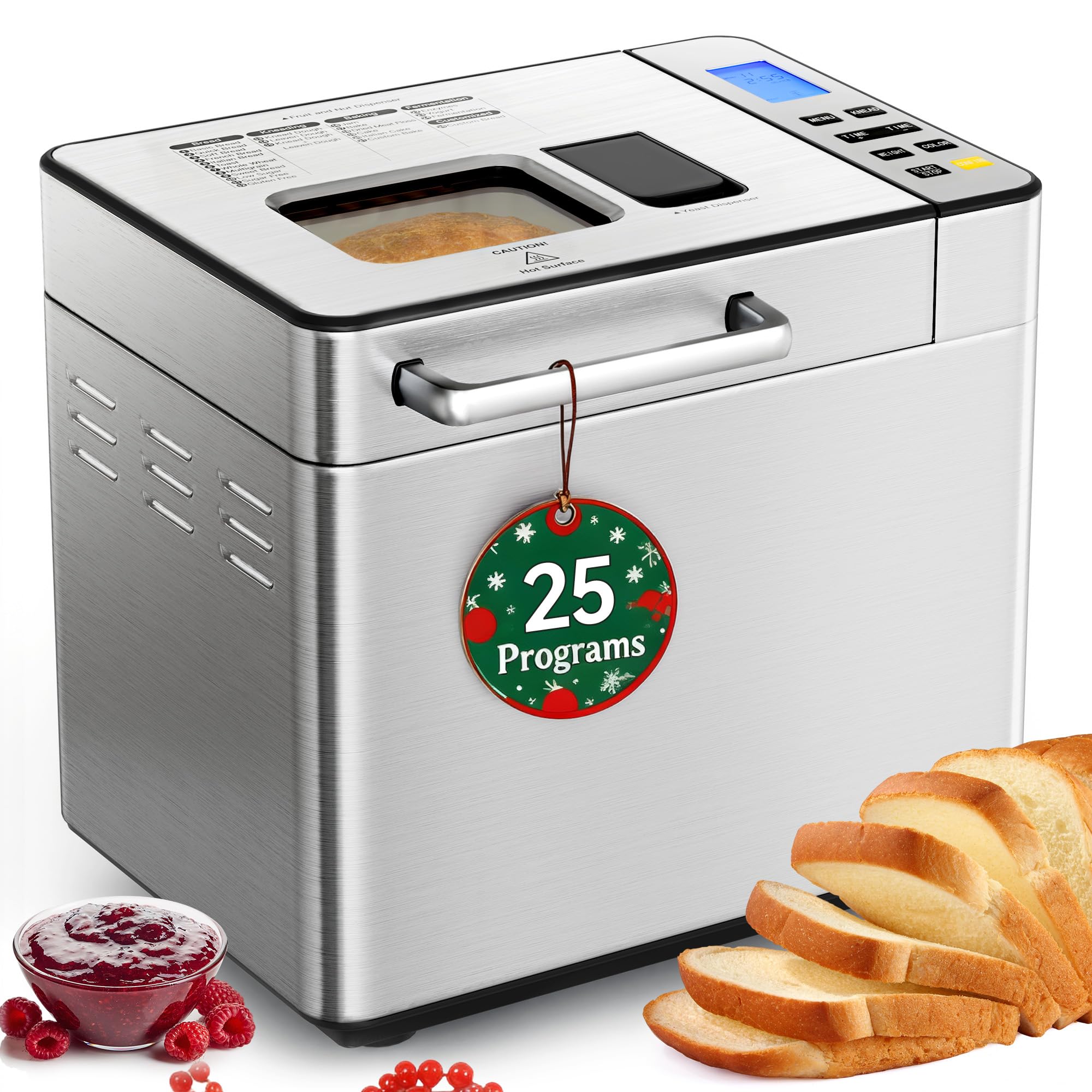 2LB Bread Maker Machine, 25 in 1 Programmable Bread Maker, Bread Machine with Fruits &amp; Nuts Dispenser for Beginner, Breadmaker with Nonstick Ceramic Pan, Gluten-Free, Recipe, Gifts
