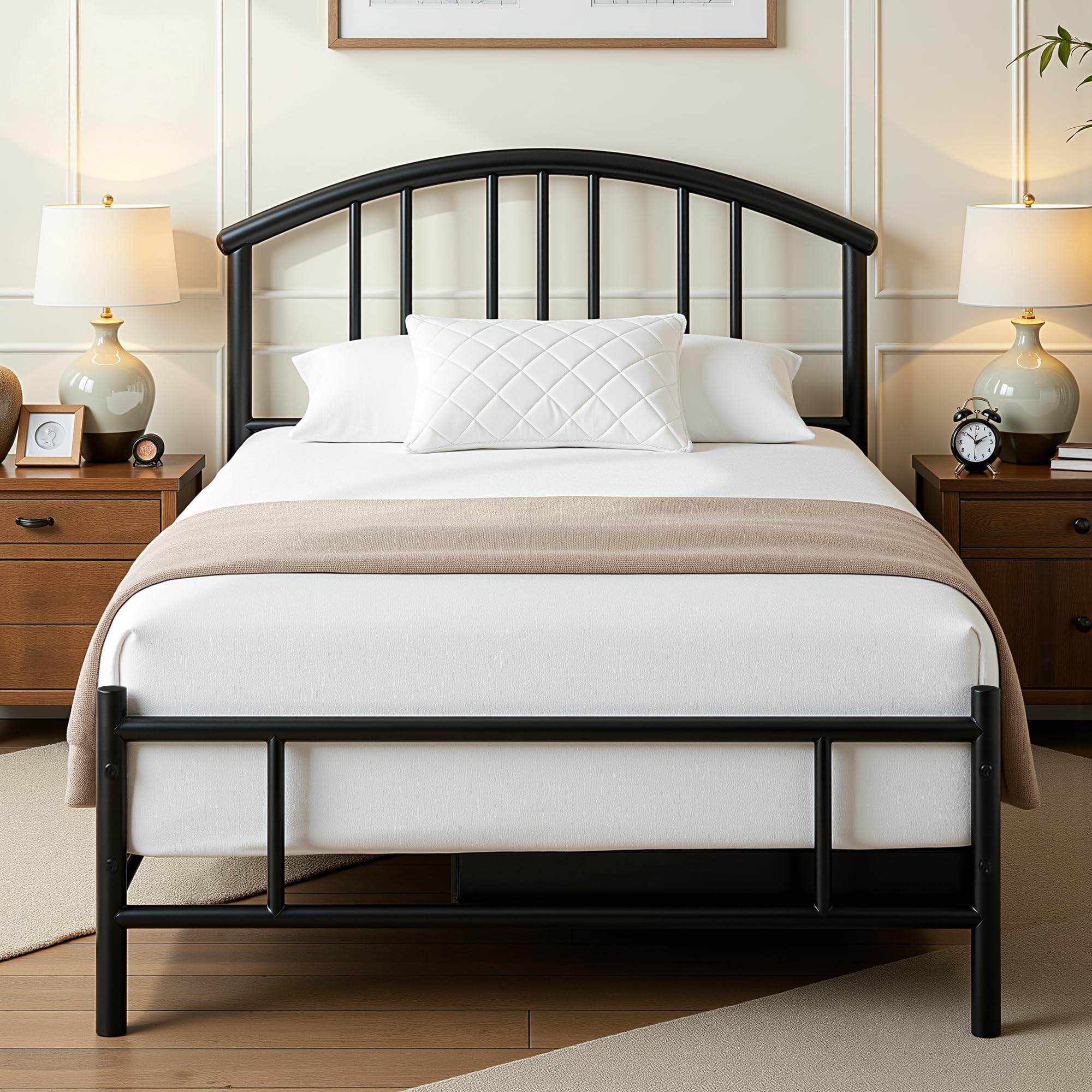 VECELO Cadre de Lit en Métal 90x190 cm avec Tête de Lit Décorative Incurvée, Sommier à Lattes Renforcées, Espace de Rangement de 32 cm, Assemblage Facile, Noir