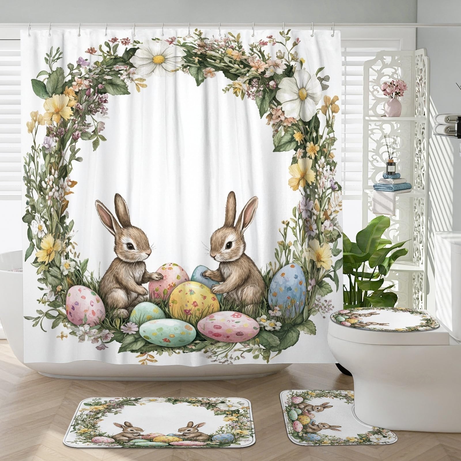 Lot de 4 rideaux de douche floral avec tapis antidérapant et contour WC motif œuf de lapin