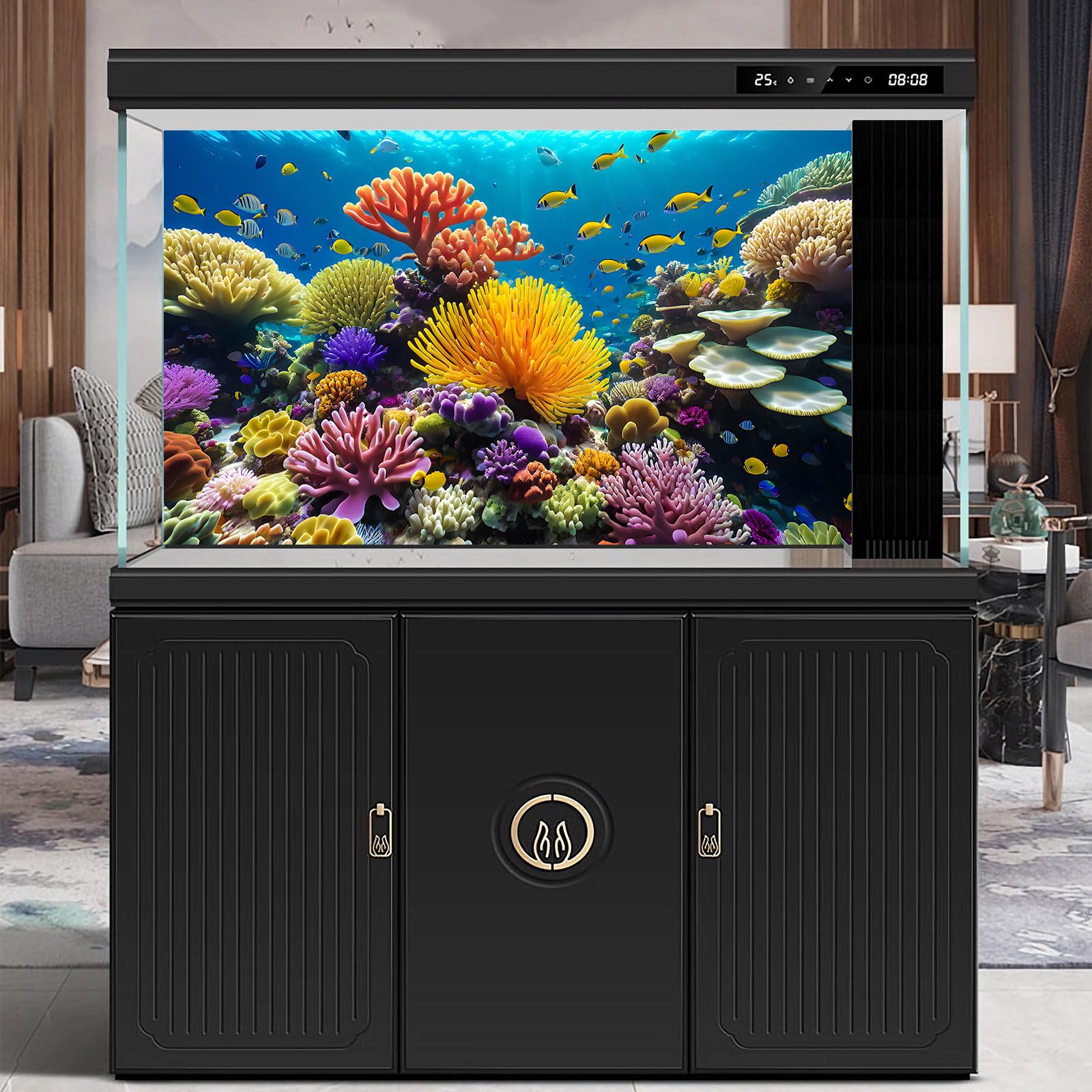 Underwater World - Fondo para acuario, océano profundo, vida marina, terrario, varios corales y peces tropicales, telón de fondo para acuario, rayos de sol submarinos azules, decoración de fondo para