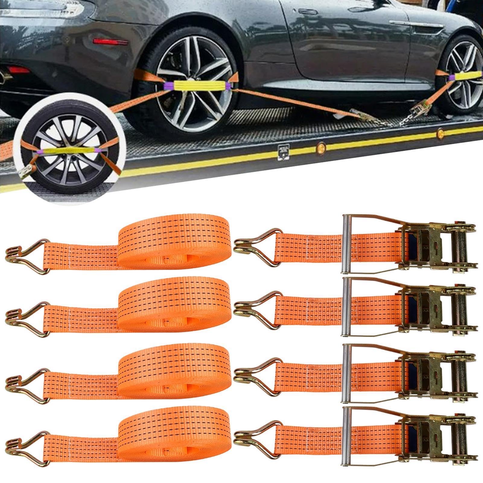 Cinghie di Fissaggio per Auto su Rimorchio 4 Pezzi con Tenditore Rinforzato | Cinghie di Fissaggio sopra il Cerchione per Furgone, Camion, Moto, Barca, Kayak, Carico