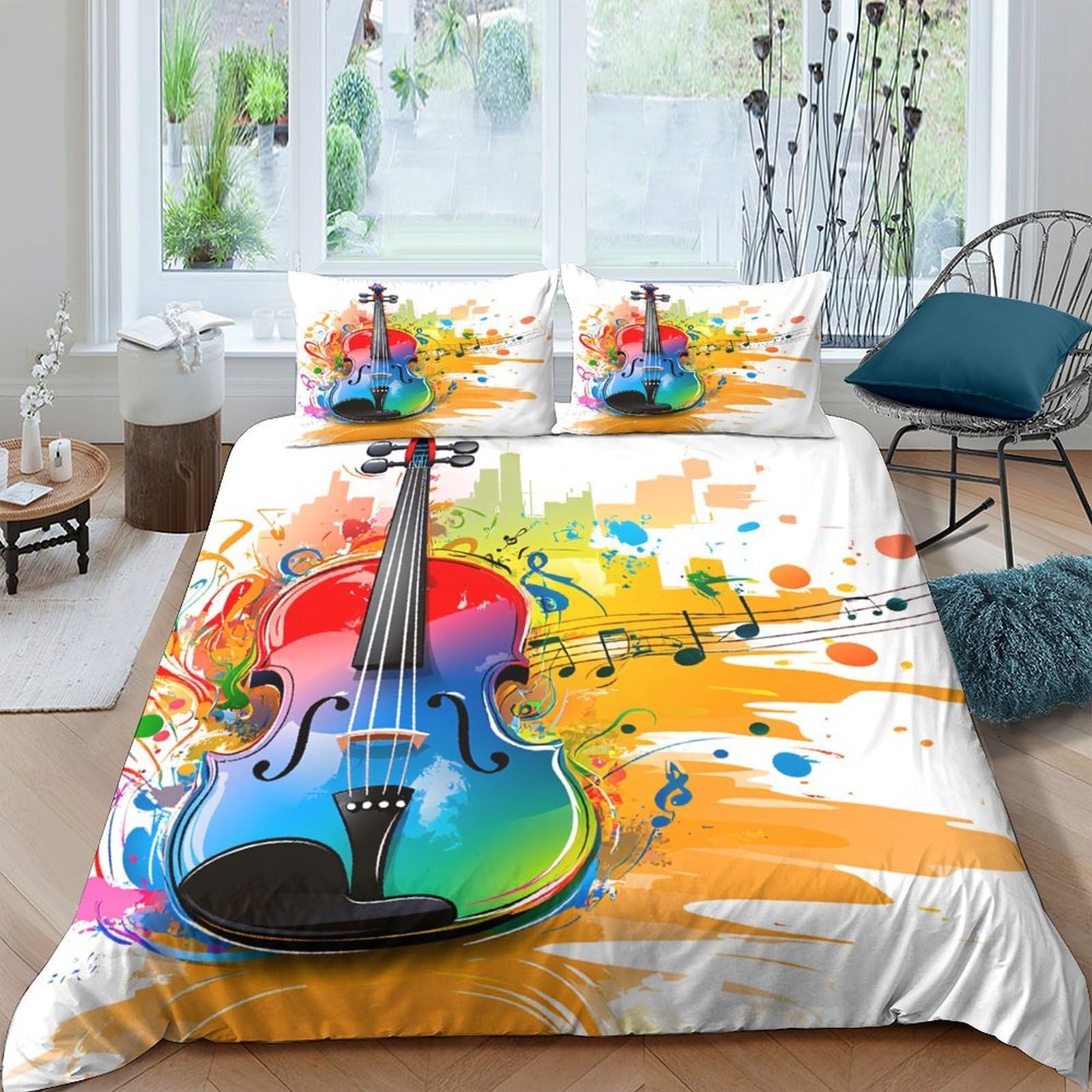 Ctjqhvkz Style-1 3D Printed Colorful Violin Fitted Sheet Microfiber Bedroom Decor Artistic Music Splash Mattress Cover Washable Single（135X200cm）