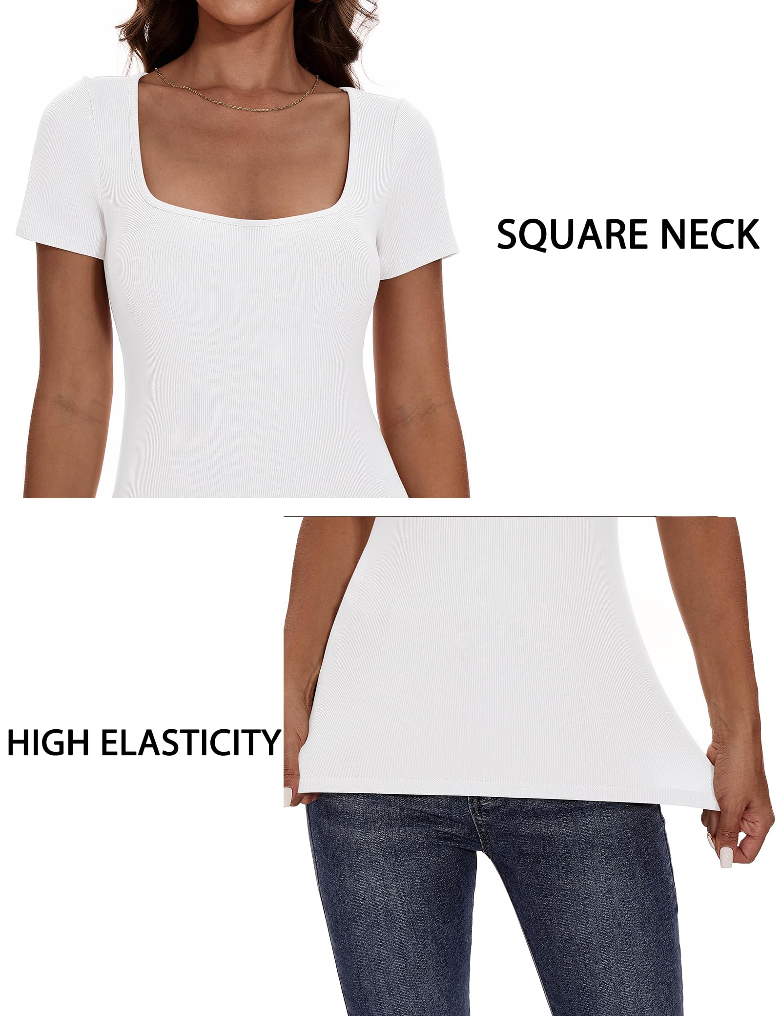 Aottori T-Shirt Donna con Scollo Quadrato Magliette a Maniche Corte Estivo Tops a Costine Elegante Basic Shirt Tinta Unita Casual