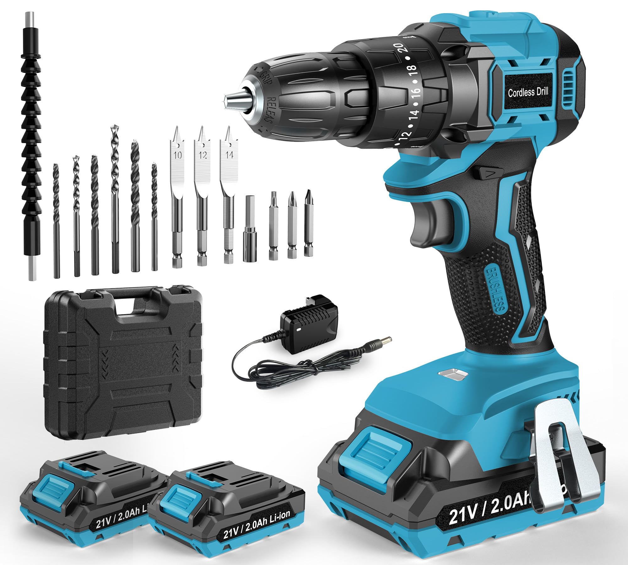 LEEIKOO Cordless Drill Driver 21V, Brushless Cordless Hammer Drill with 2 Batteries 2000mAh, 20+3 Torque, 45N.m Max Combi Drills, LED Light, 2 Speed, 14PCS for Home and Garden DIY Project-image-47