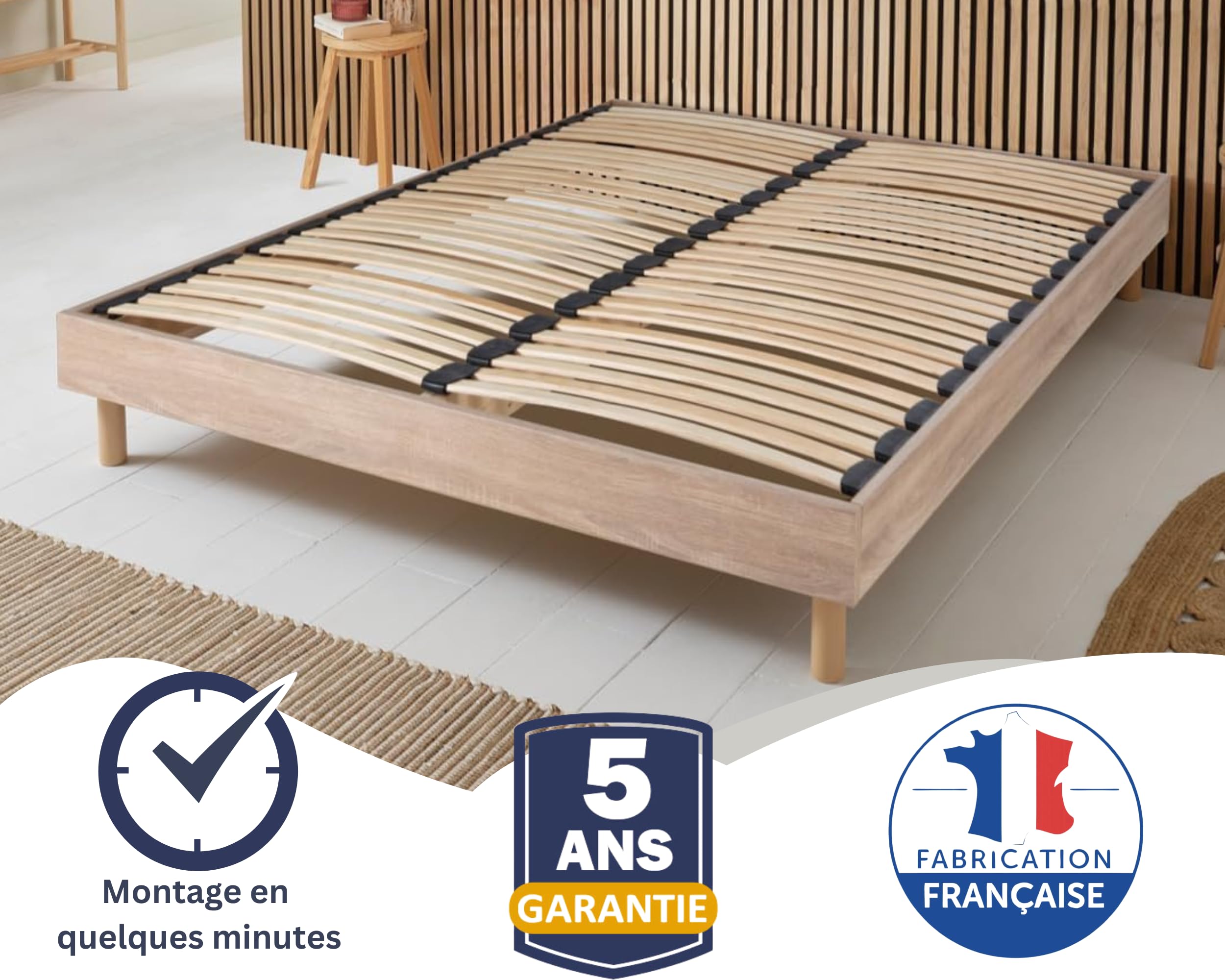 Maison Aubertin Sommier 160x200 cm Bois, à Latte, 2 Personnes, Technologie Bi-Lattes avec 4 Zones de Confort, Structure Bois Massif Solide avec Pieds Inclus, Lit Ergonomique, Montage Facile