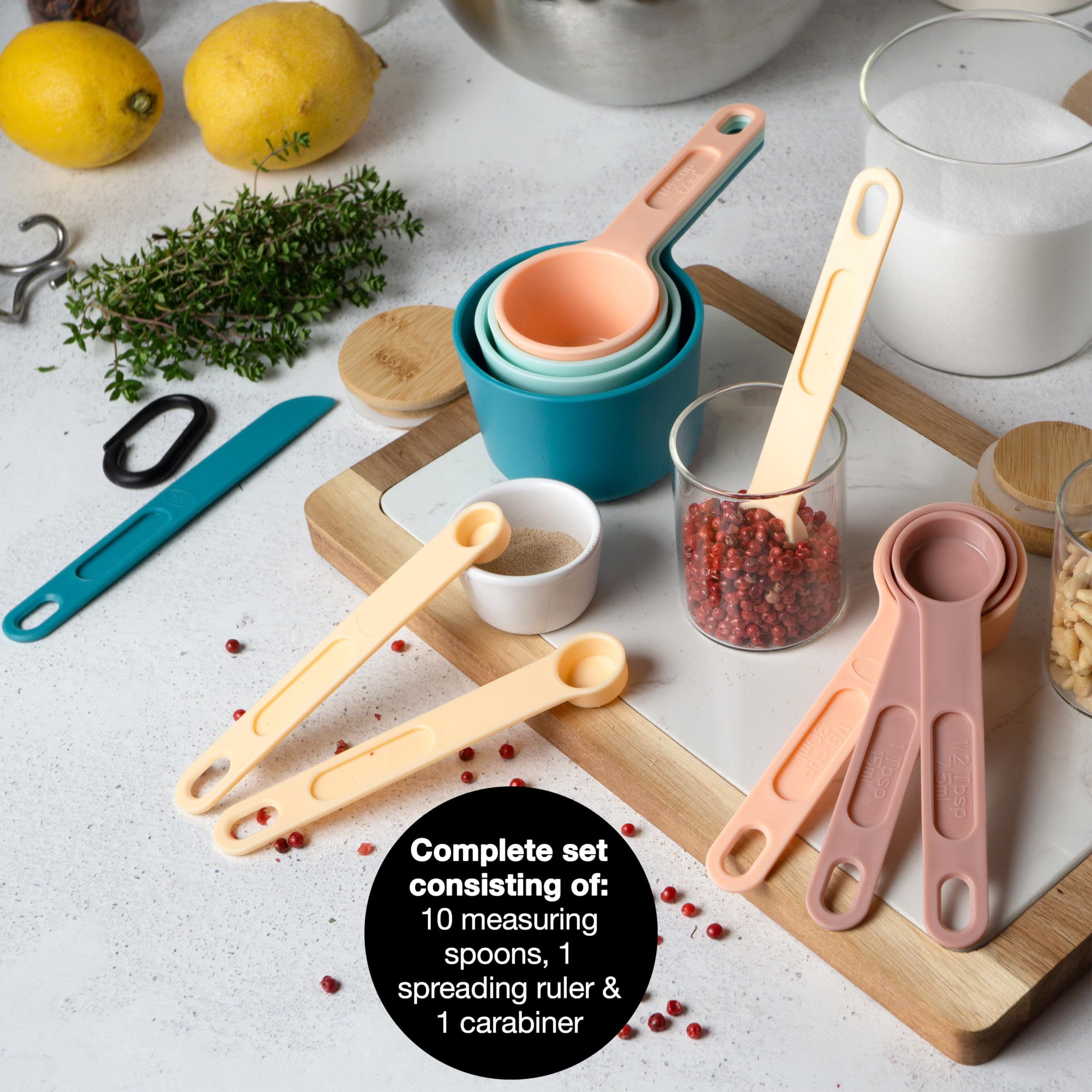 Moritz & Moritz Zestaw łyżek pomiarowych 11 szt. Możliwość układania w stosy - kubki i łyżki z podziałką od 1,25 do 240 ml 4 kolory - 10 wymiarów i szpatułka do smarowania- Do gotowania i pieczenia