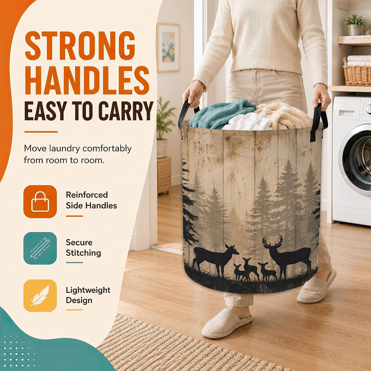 Deer Forest Laundry Basket,Vintage Wooden Board Large Collapsible Portable Round Laundry Hamper with Handles,Oxford Storage Bin for Clothes,Blankets,Bedroom,Bathroom