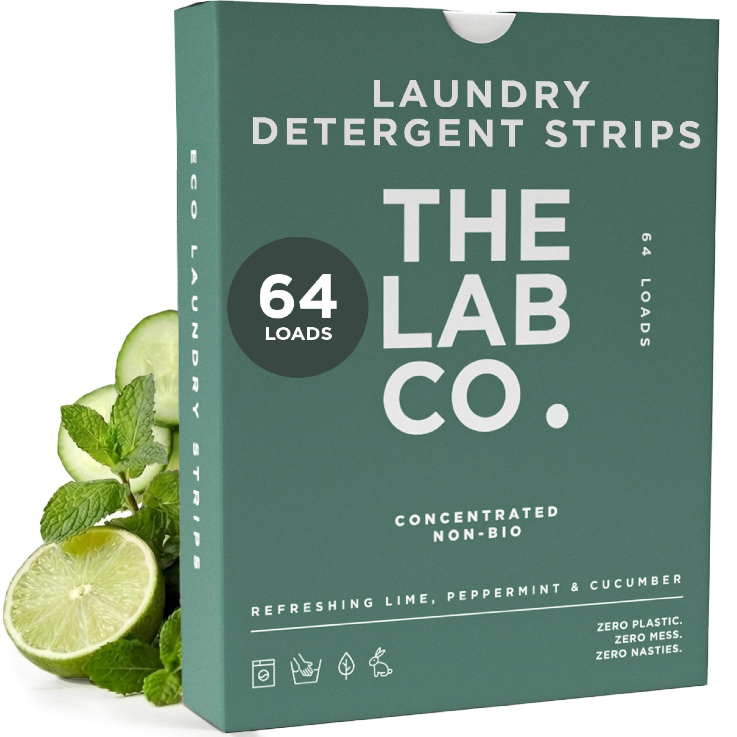 The Lab Co. Laundry Detergent Strips Washing Sheets | Eco Ultra-Concentrated | Non-Bio for Sensitive Skin | Non-Toxic Fragrance | EDC-Free | Lab-Tested | Refreshing Lime Eucalyptus Cucumber | 64 Loads