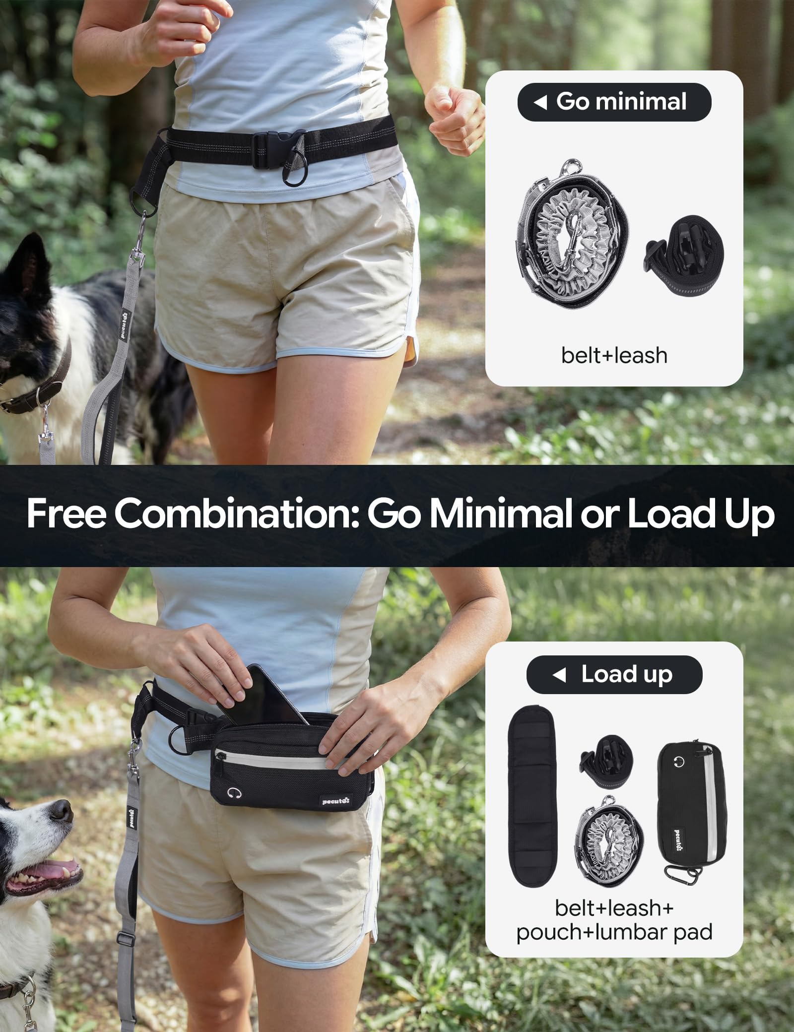 Pecute Correa Perro Cintura Antitirones, Correas Manos Libres con Bolsillo Impermeable & Desmontable, Doble Asa, Cuerda Elástica Amortiguadora, Adecuado para Correr, Caminar y Entrenar, para 15-55kg