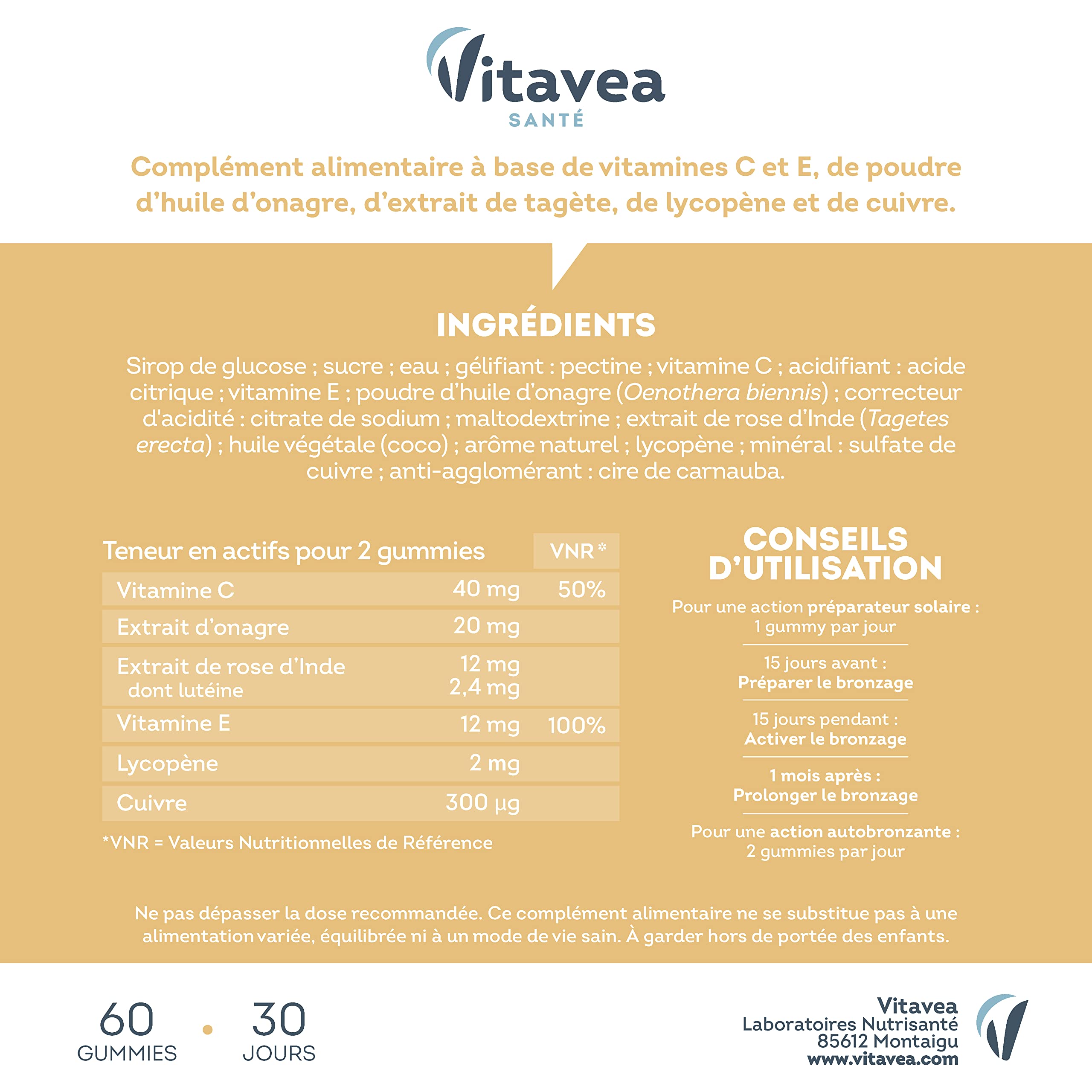 Vitavea - Manhaé - Gummies Solaire - Autobronzant - Complément alimentaire bronzage - Prépare, active et prolonge le bronzage - Teint hâlé sans soleil - Onagre, Lutéine, Lycopène - 60 gummies - 2 mois