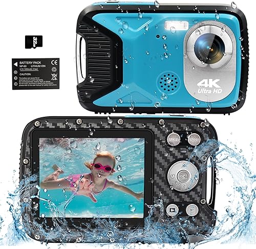 Miniatura 9 de Cámara subacuática 4K 48MP Autofocus Selfie Cámara impermeable de doble pantalla con correa flotante y tarjeta de 32 GB, cámara digital compacta