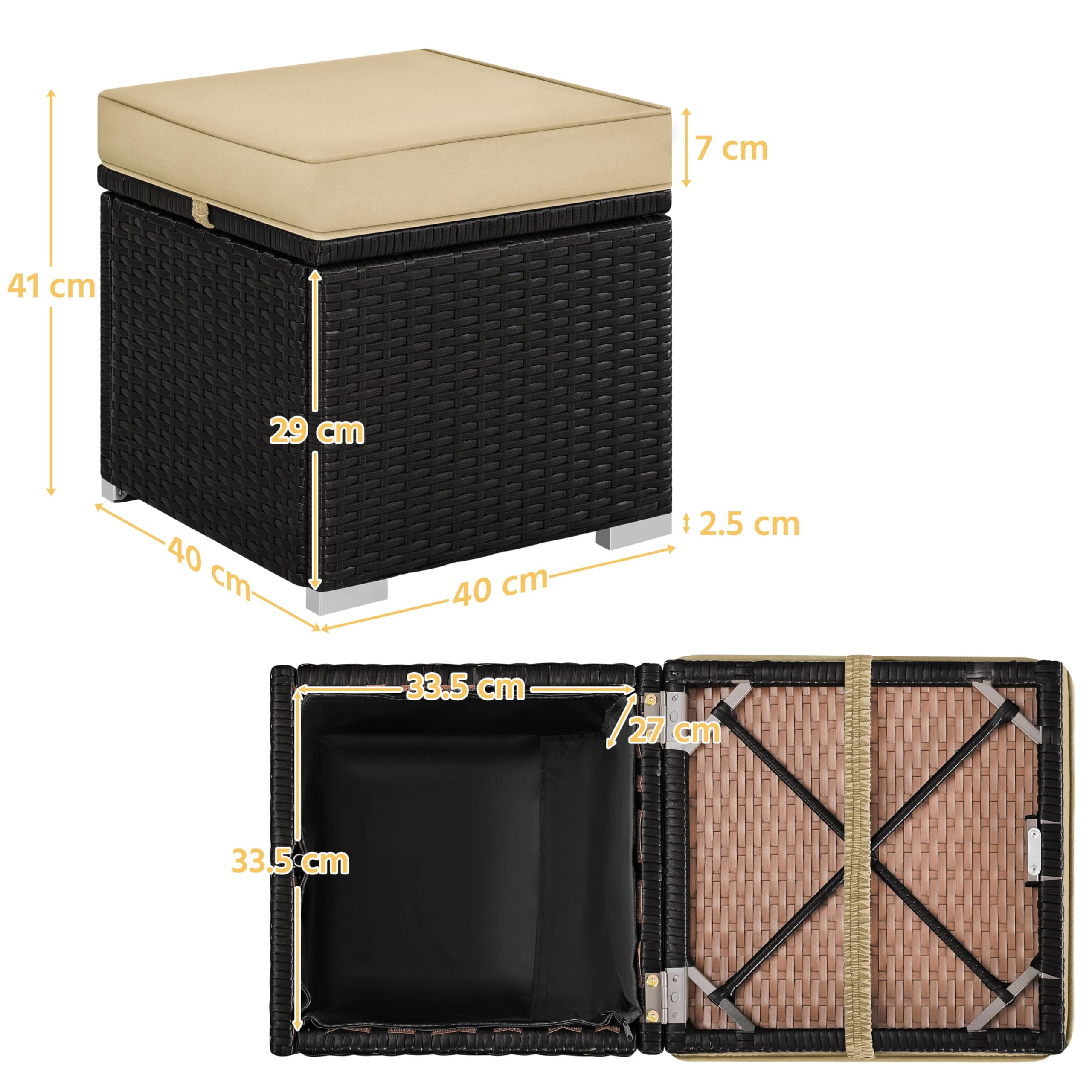 Abician Lot de 2 Tabourets Exterieur Jardin Poufs en Rotin PE Ottomanes Repose-Pied Cube avec Coussin Amovibles Espace de Rangement 40 x 40 x 41 cm pour Jardin, Piscine, Terrasse Marron/Kaki