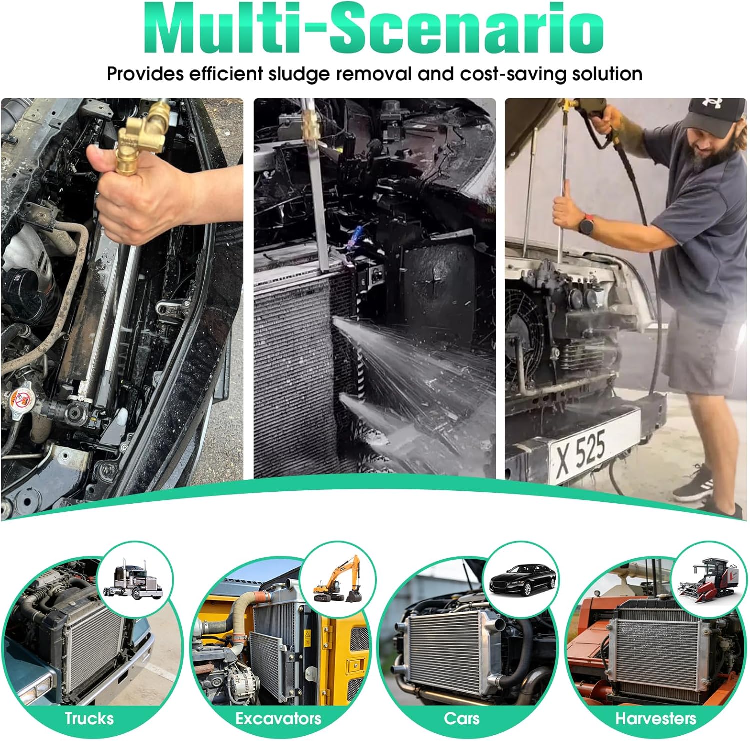 47" & 24" Radiator Cleaning Wand, 8-Piece Set- 4500 PSI Stainless Steel Dual Water/Air Radiator Cleaner with Valve Switch, Connector, Cleaning Brush and Sealing Tape for Cars, Trucks, Heavy Equipment