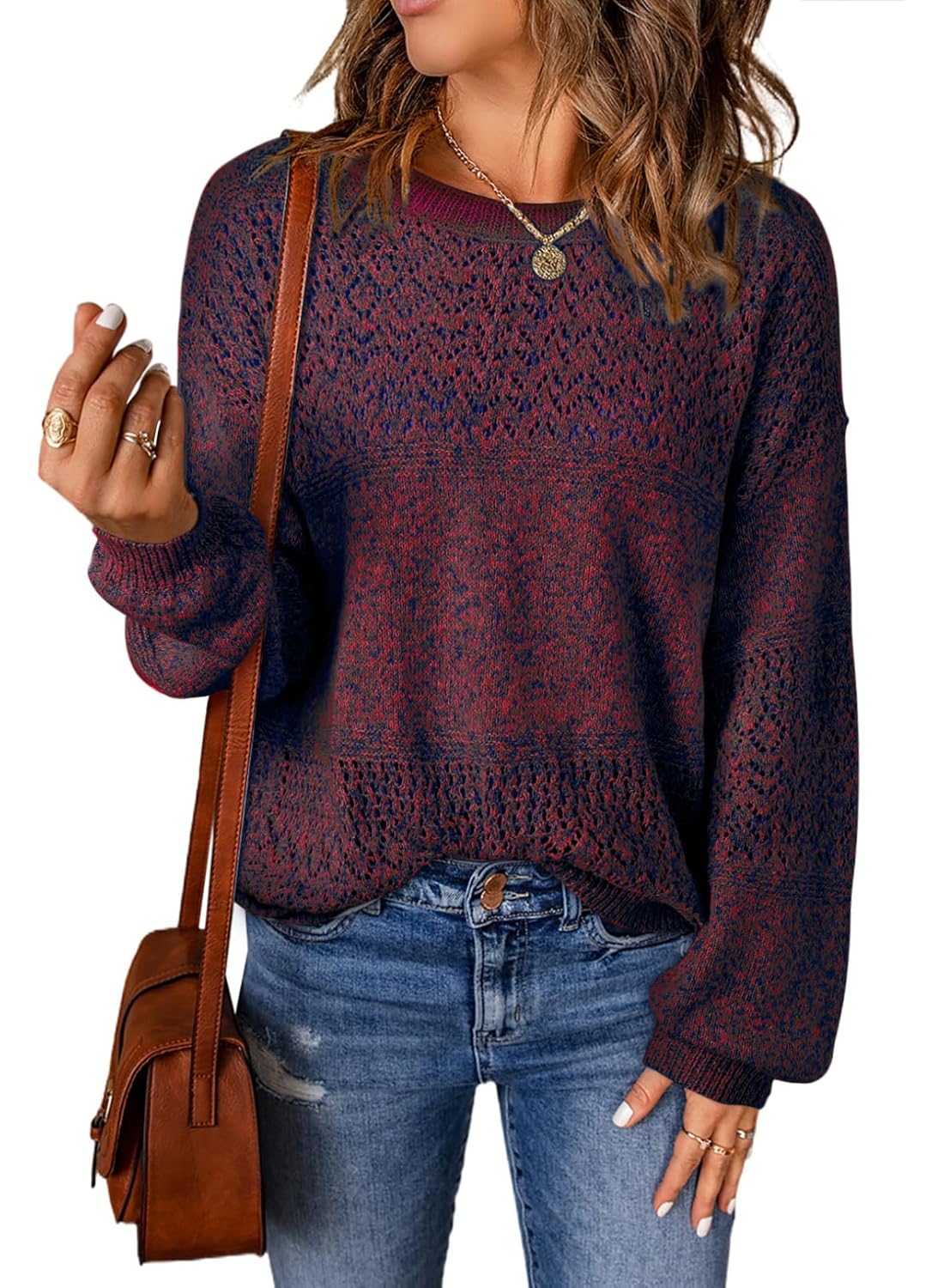 SHEWIN Womens Sweaters Casual Long Sleeve V Neck Crewneck Lightweight Crochet Pullover Sweater Tops