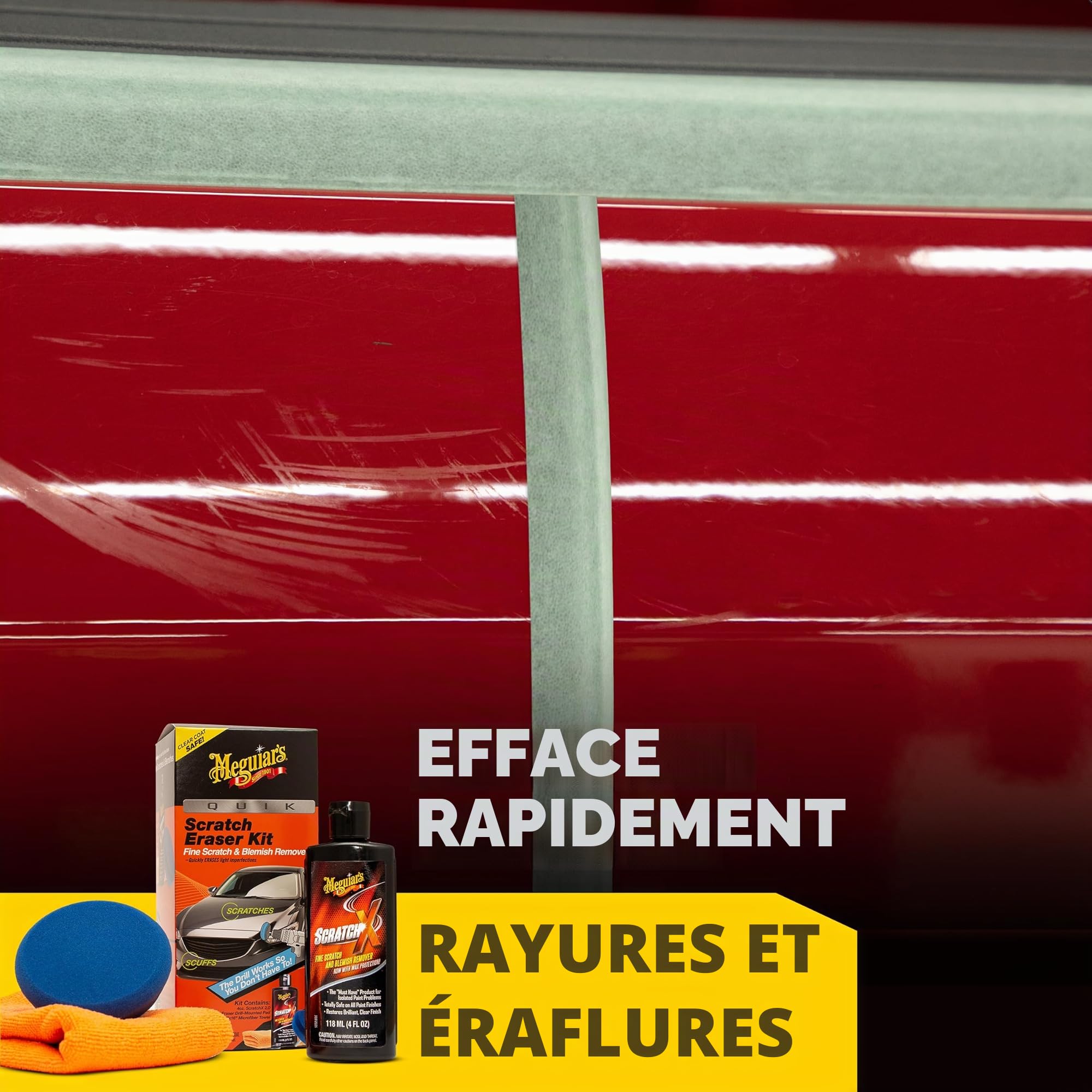 Meguiar's Quik Kit de gommes anti-rayures pour voiture qui élimine les imperfections, comprend Meguiar's ScratchX, tampon monté sur perceuse, serviette en microfibre