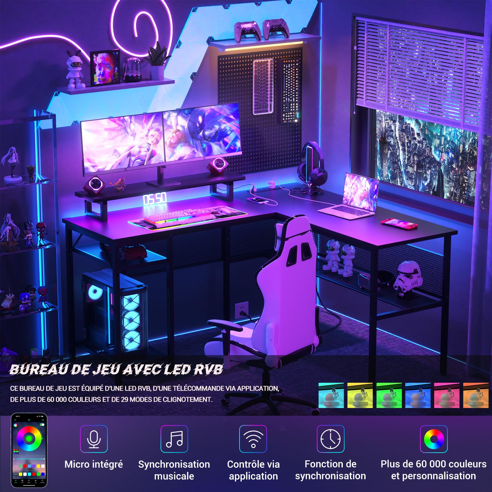 iSunirm Bureau Gaming en Forme de L,141 x 117 x 76 cm Bureaux à Domicile avec LED et Prises,Bureau d’Angle avec Étagères Rangement pour Etudier Travailler Chambre Domicile,Noir